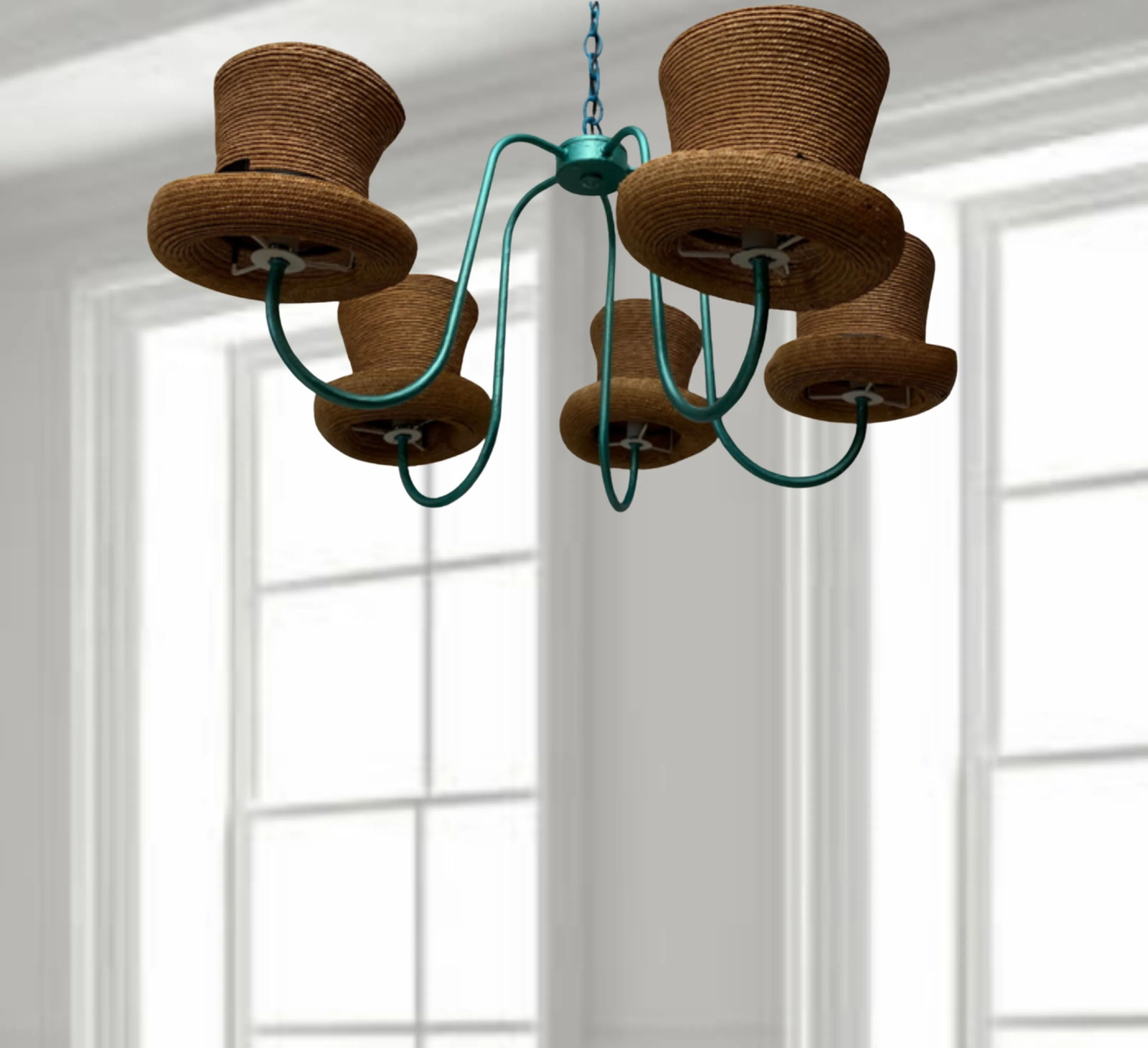 Vintage Designer Straw Hat Black Ribbon 5 Light Chandelier - 9