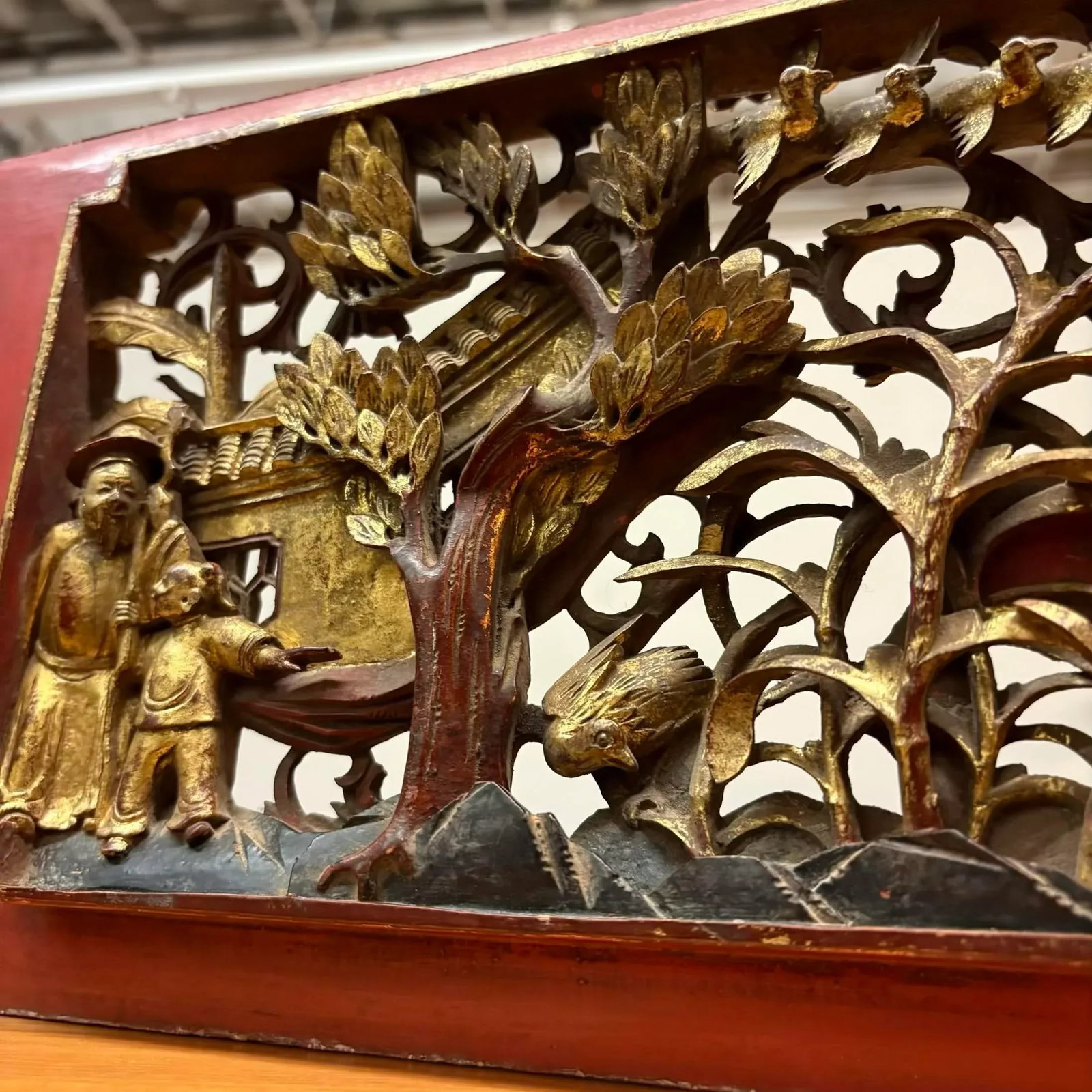 Antique Chinese Gilt Temple Panel With Red Lacquer Frame - 10