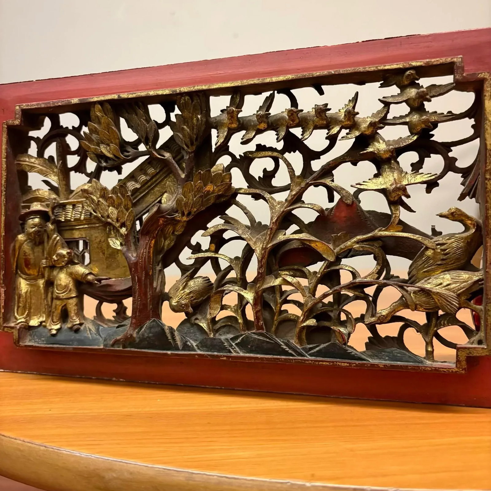 Antique Chinese Gilt Temple Panel With Red Lacquer Frame - 11
