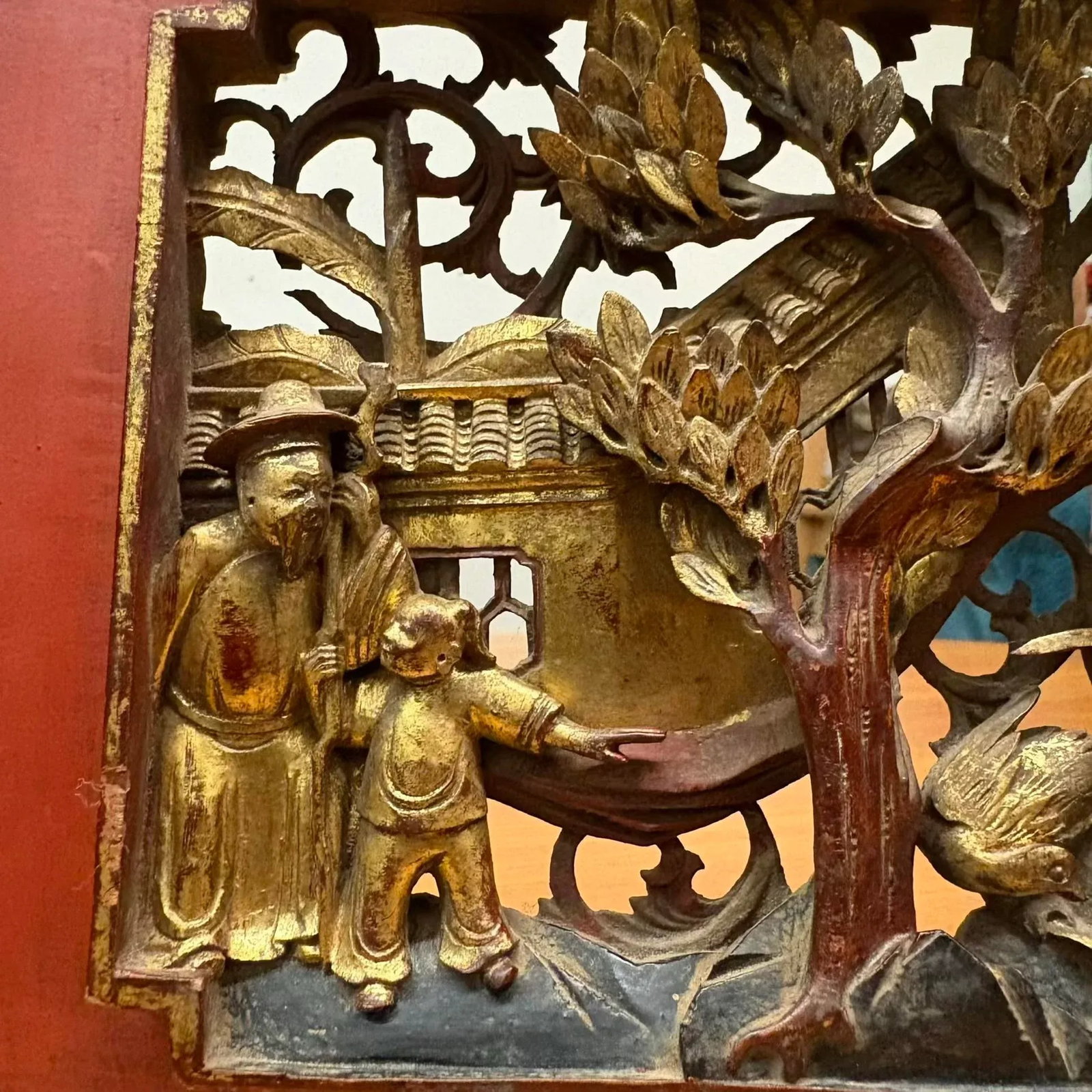 Antique Chinese Gilt Temple Panel With Red Lacquer Frame - 12