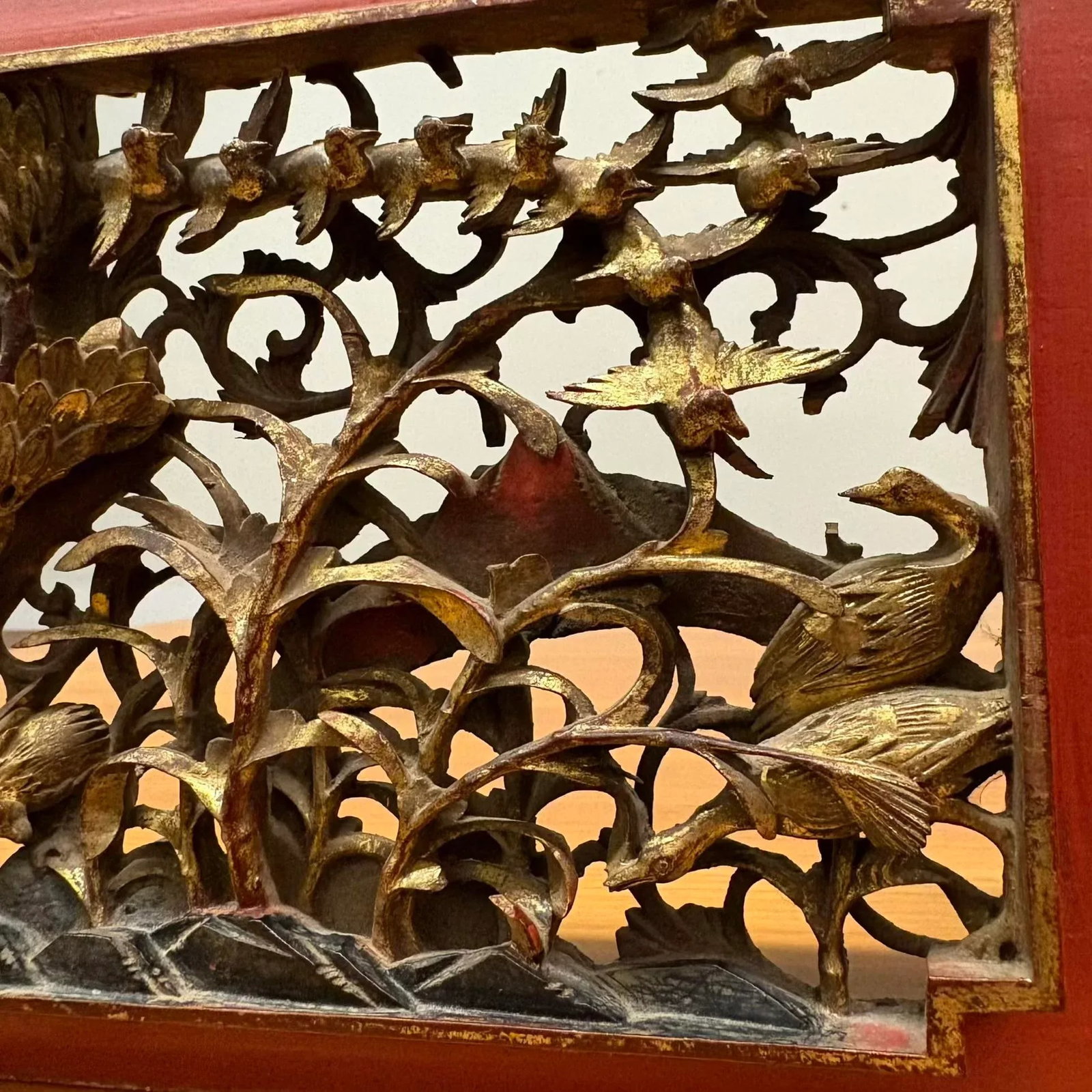 Antique Chinese Gilt Temple Panel With Red Lacquer Frame - 13