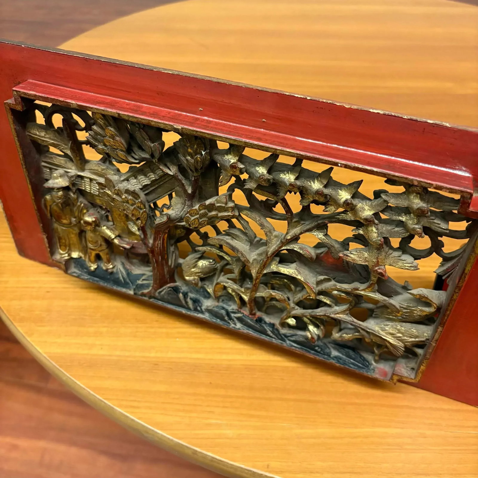 Antique Chinese Gilt Temple Panel With Red Lacquer Frame - 14