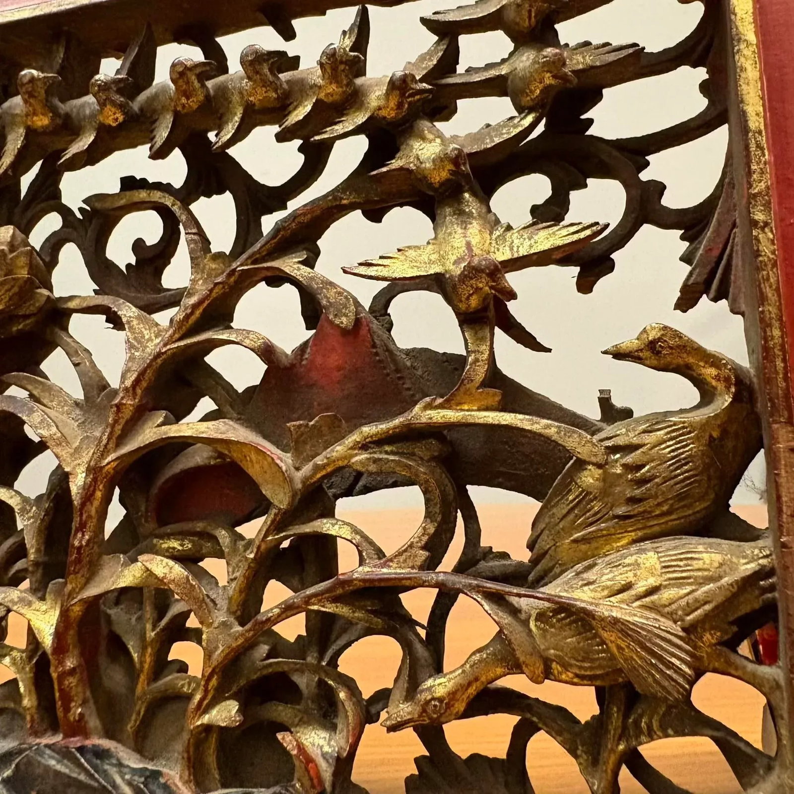 Antique Chinese Gilt Temple Panel With Red Lacquer Frame - 15