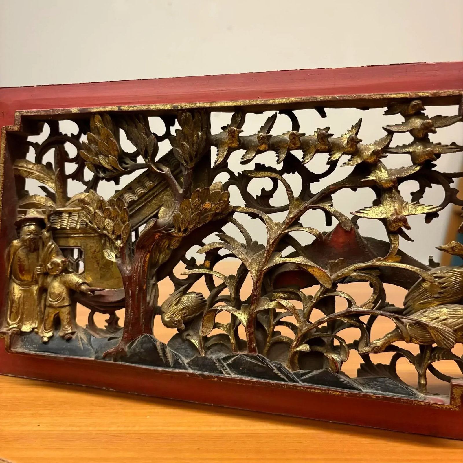 Antique Chinese Gilt Temple Panel With Red Lacquer Frame - 16