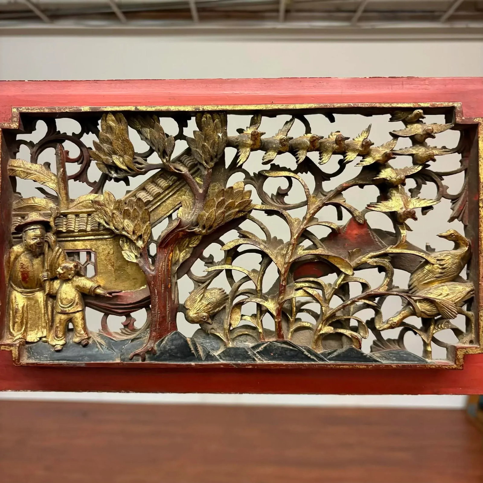 Antique Chinese Gilt Temple Panel With Red Lacquer Frame - 3