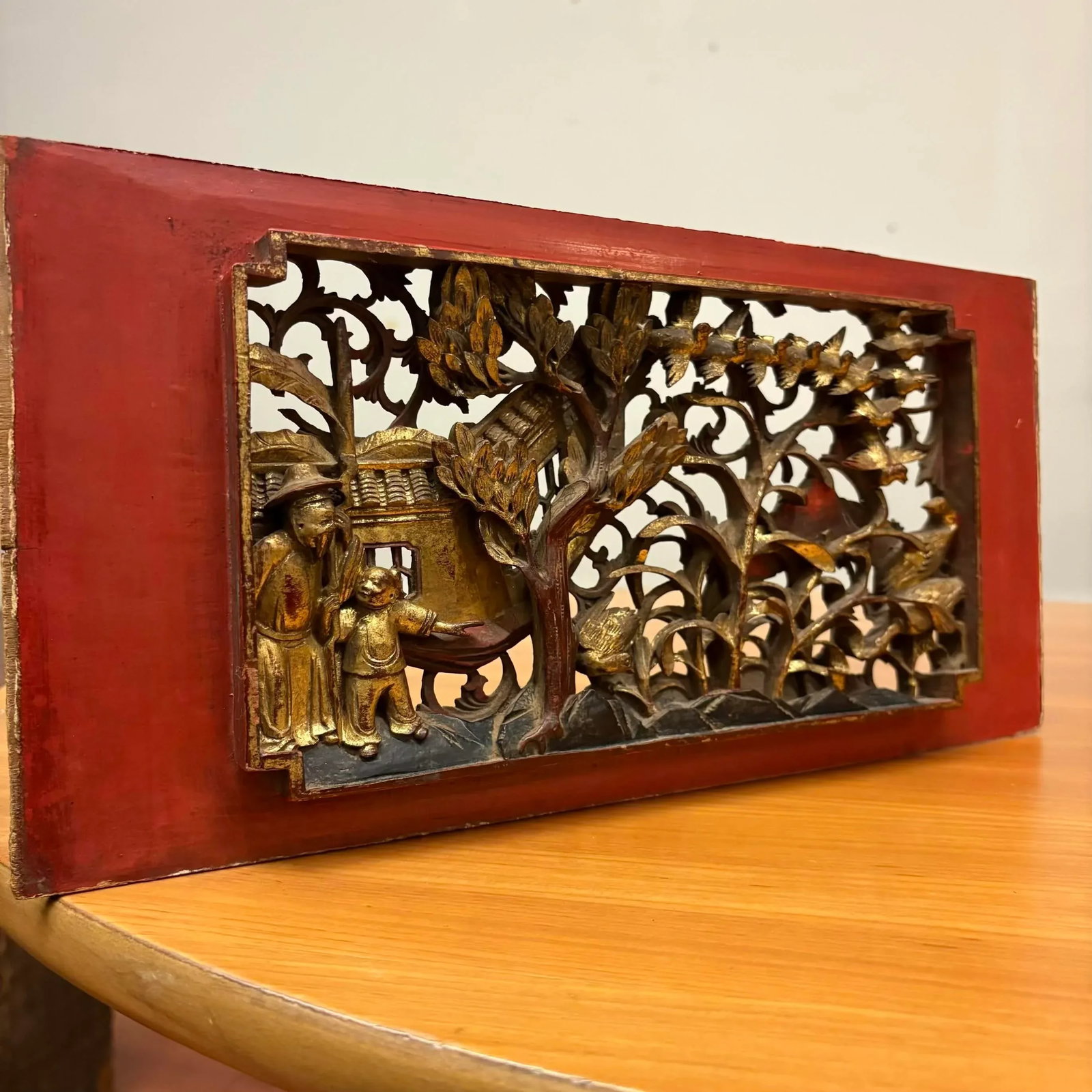 Antique Chinese Gilt Temple Panel With Red Lacquer Frame - 8