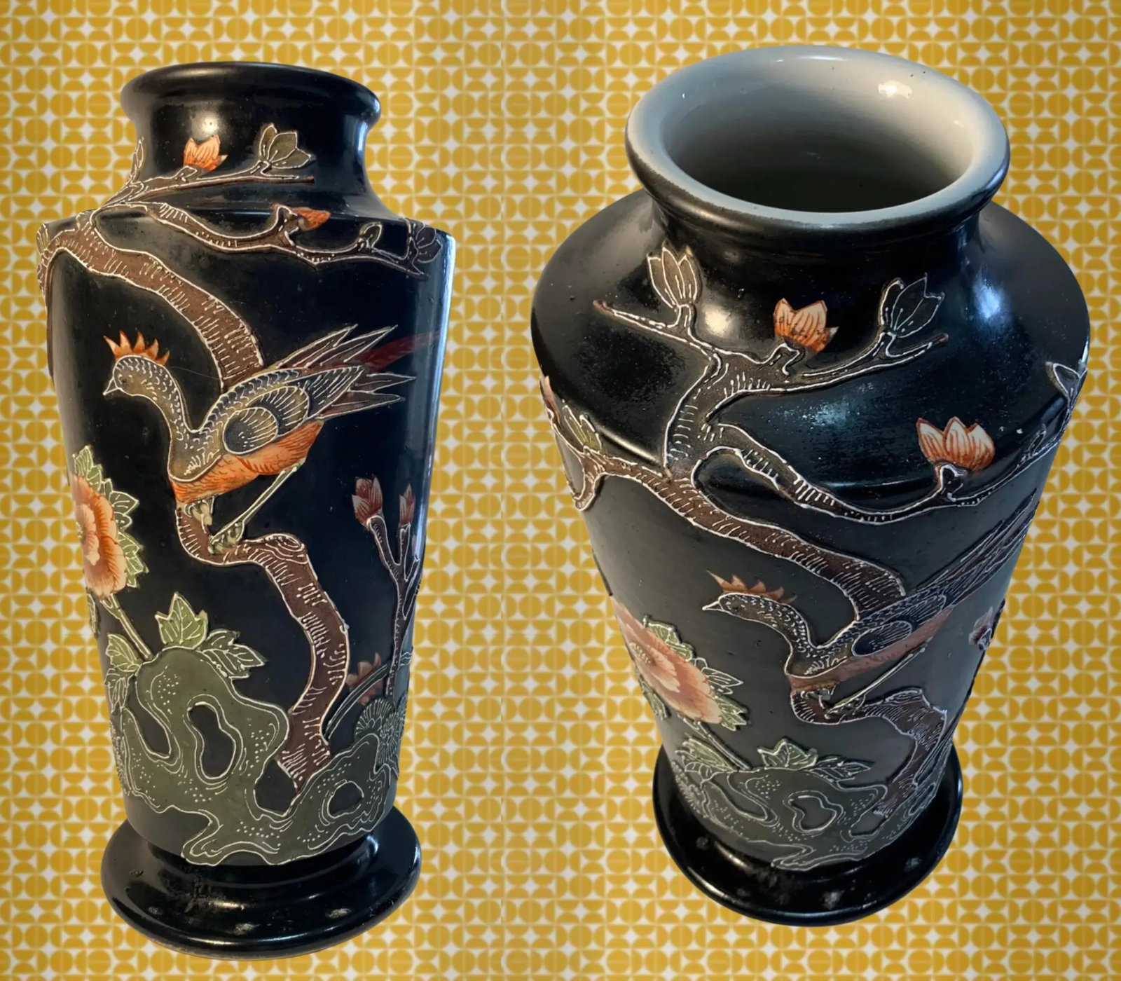 Antique Royal Nishiki Nippon Black Coralene Moriage Floral Bird Stoneware Vase - 13