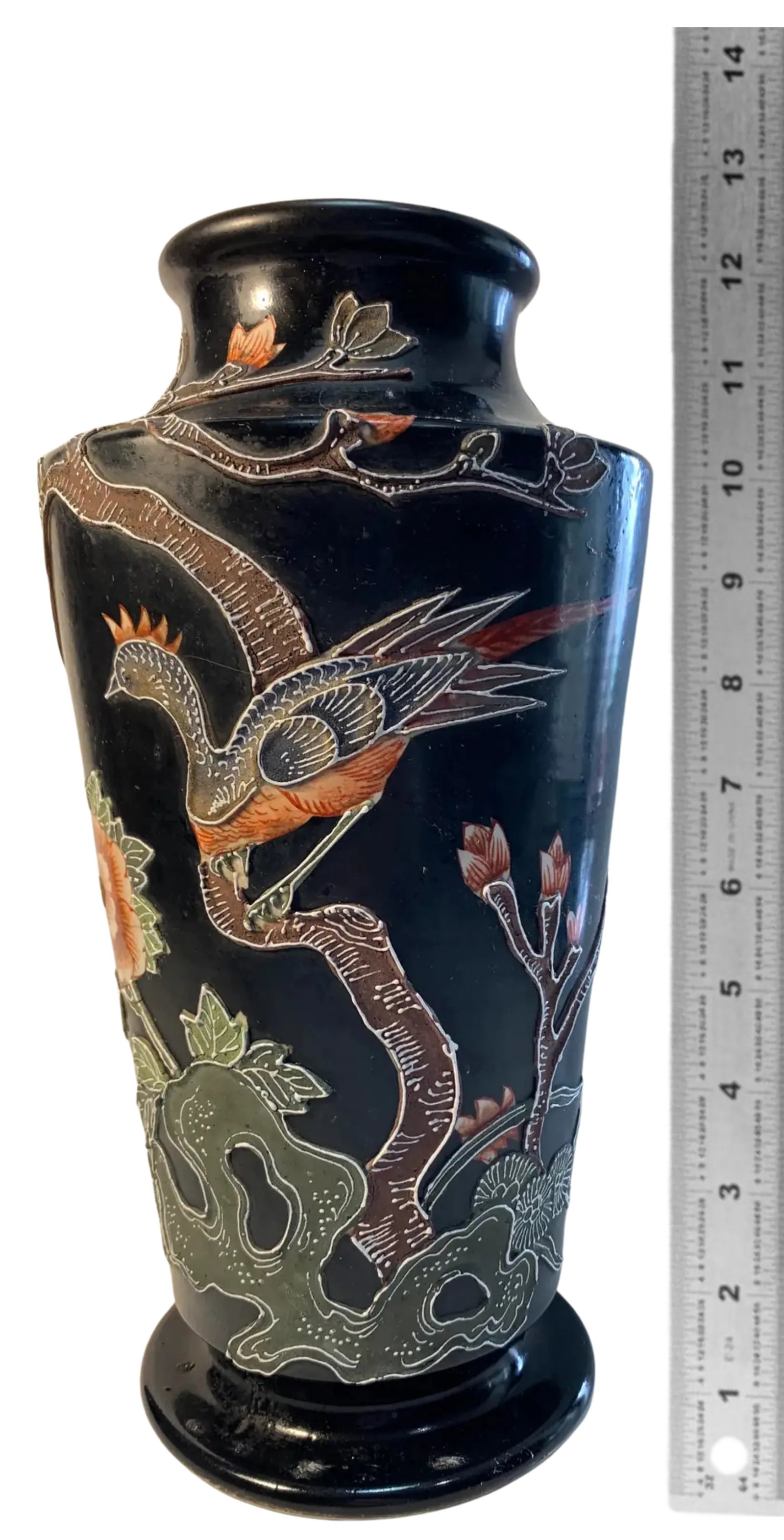 Antique Royal Nishiki Nippon Black Coralene Moriage Floral Bird Stoneware Vase - 18