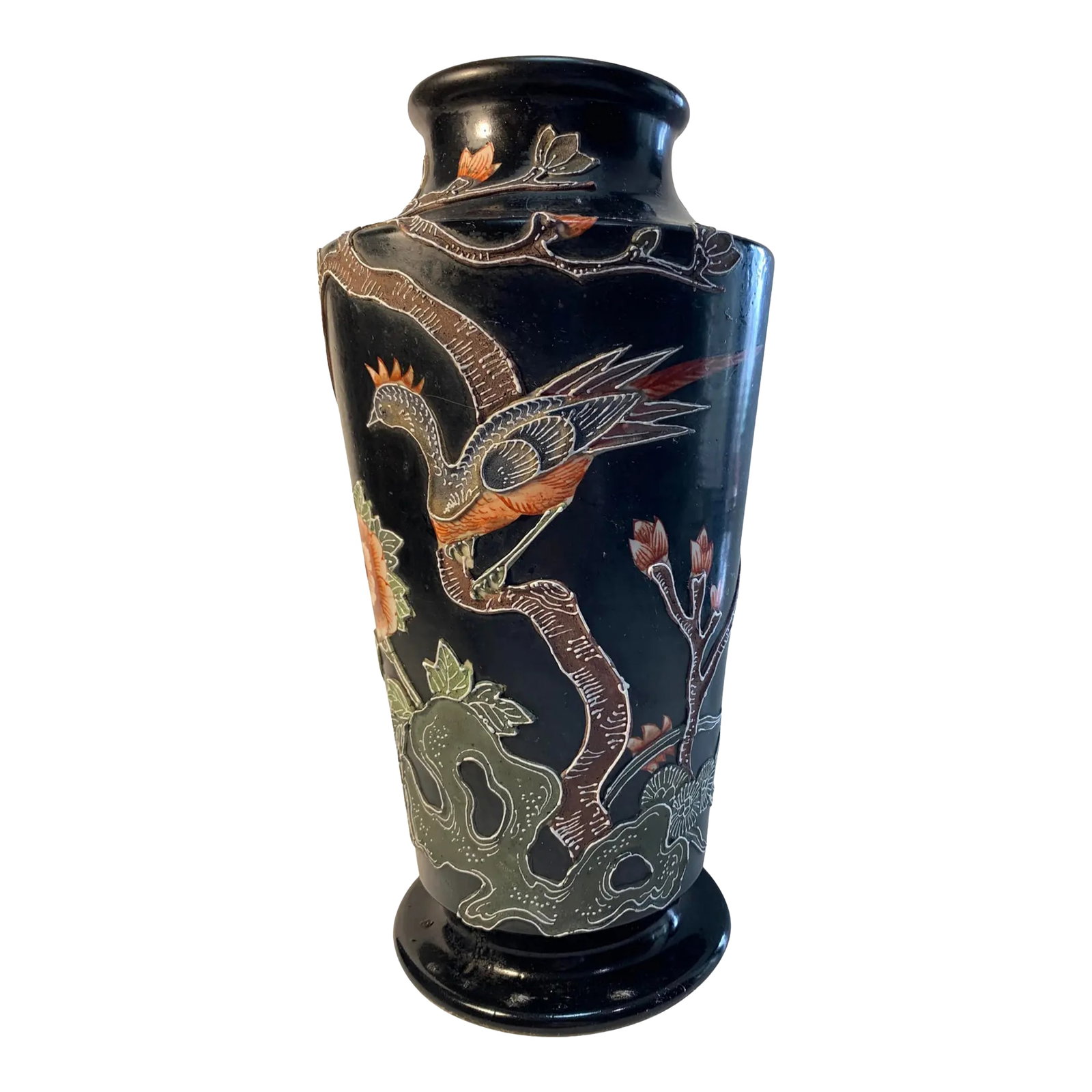 Antique Royal Nishiki Nippon Black Coralene Moriage Floral Bird Stoneware Vase (1 of 18)