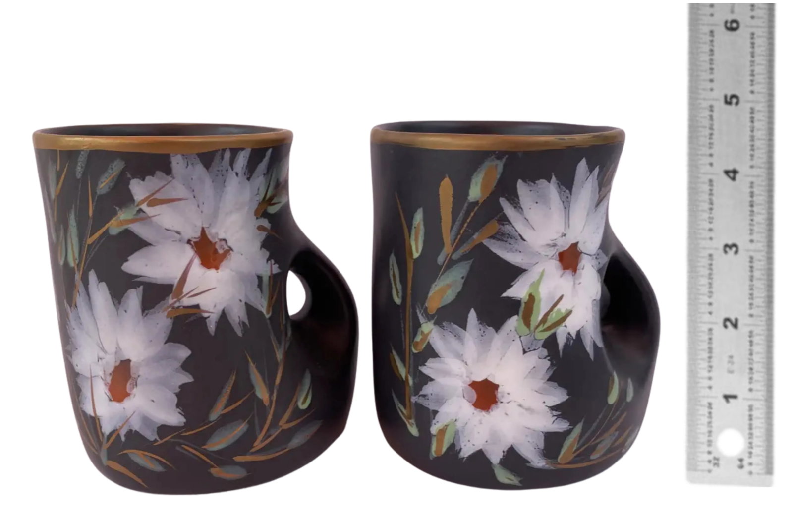 Mid-Century Vallauris Black White Floral Blossoms Terracotta Mugs- A Pair - 18