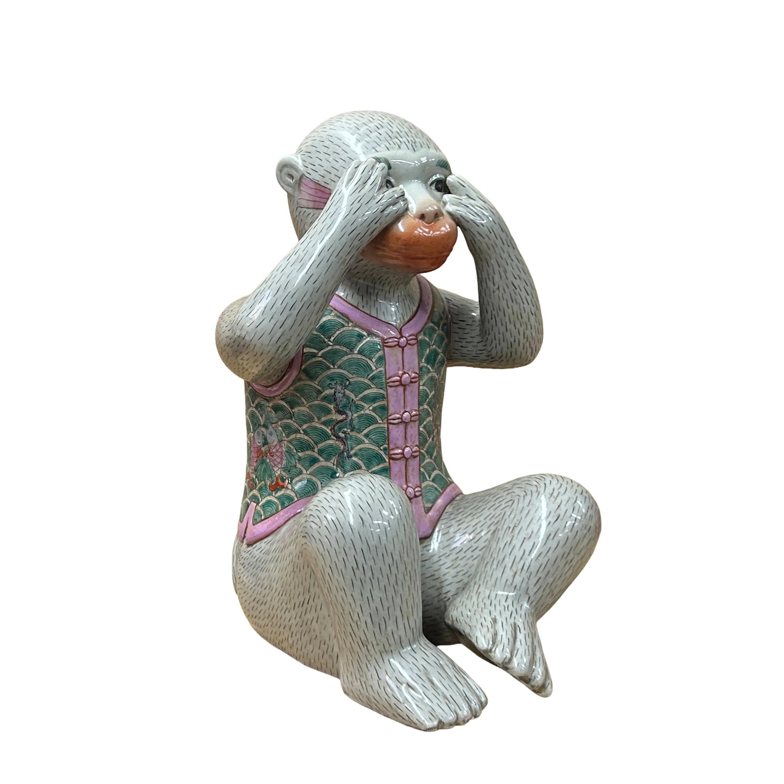 Set 3 Vintage Gray Green Dress No Evils Ceramic Art Monkey Figures - 14
