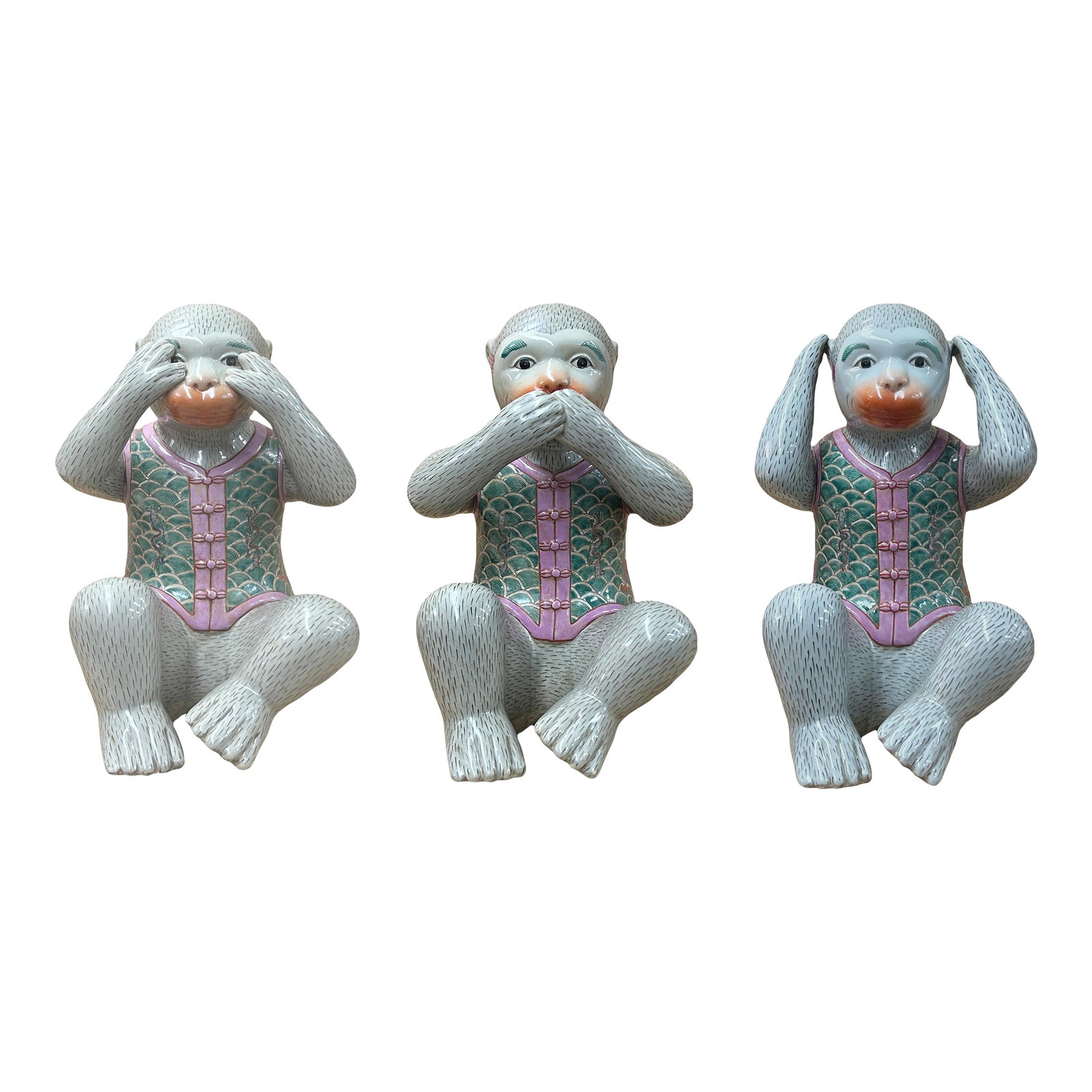 Set 3 Vintage Gray Green Dress No Evils Ceramic Art Monkey Figures (1 of 14)