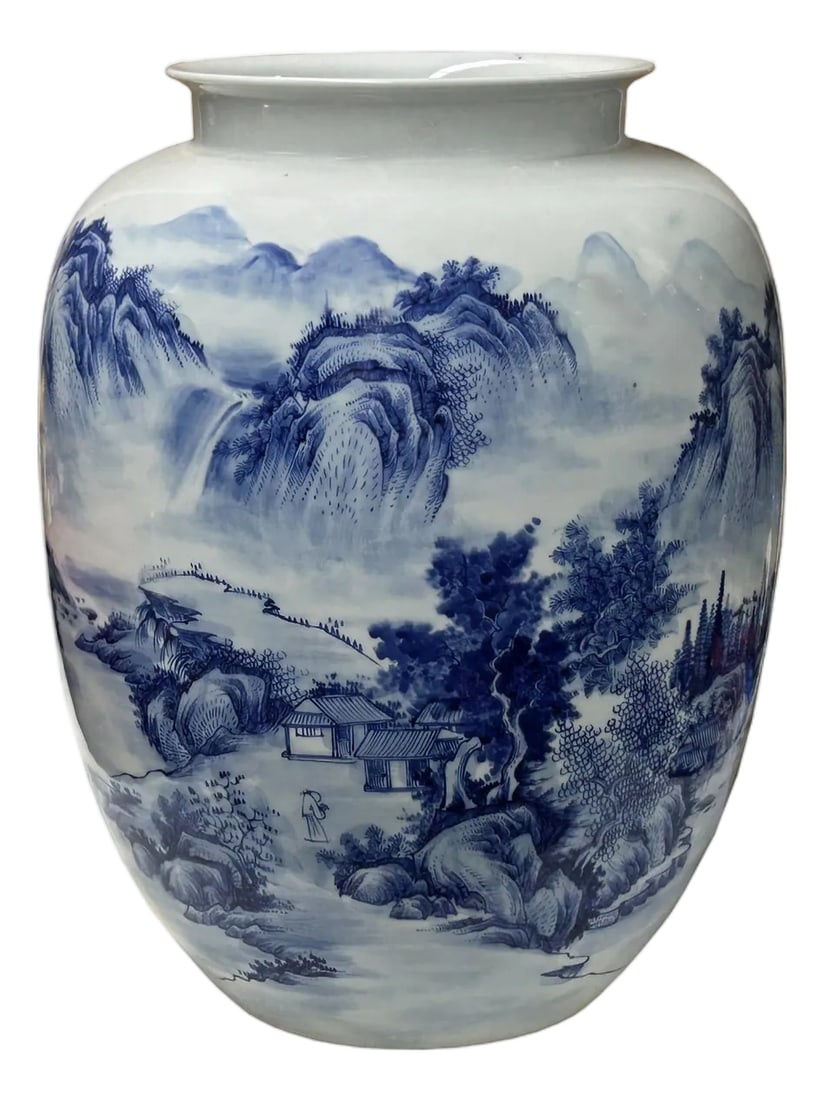 Chinese Blue White Handpaint Mountain Tree Scenery Porcelain Vase: This magnificent porcelain vase presents a captivating blue and white landscape, a quintessential style of Chinese artistry. The intricate painting depicts a serene and majestic scene of mountains and
