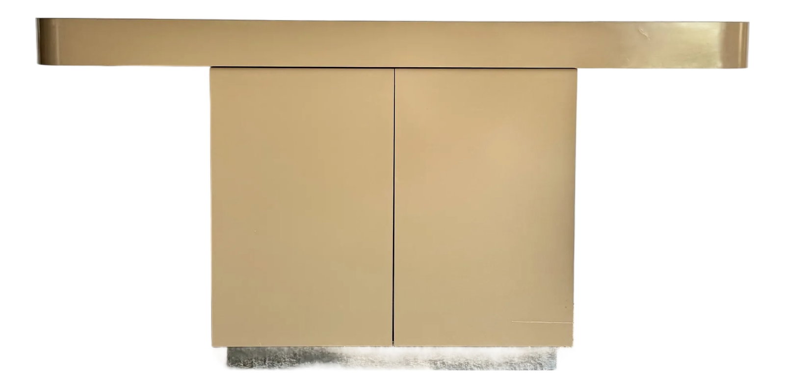 Postmodern Taupe Brown Lacquer Laminate Credenza With Chrome Base: This postmodern taupe brown lacquer laminate credenza embodies sleek minimalism with a bold sculptural presence. The glossy laminate finish enhances its smooth surface, while the extended top creates
