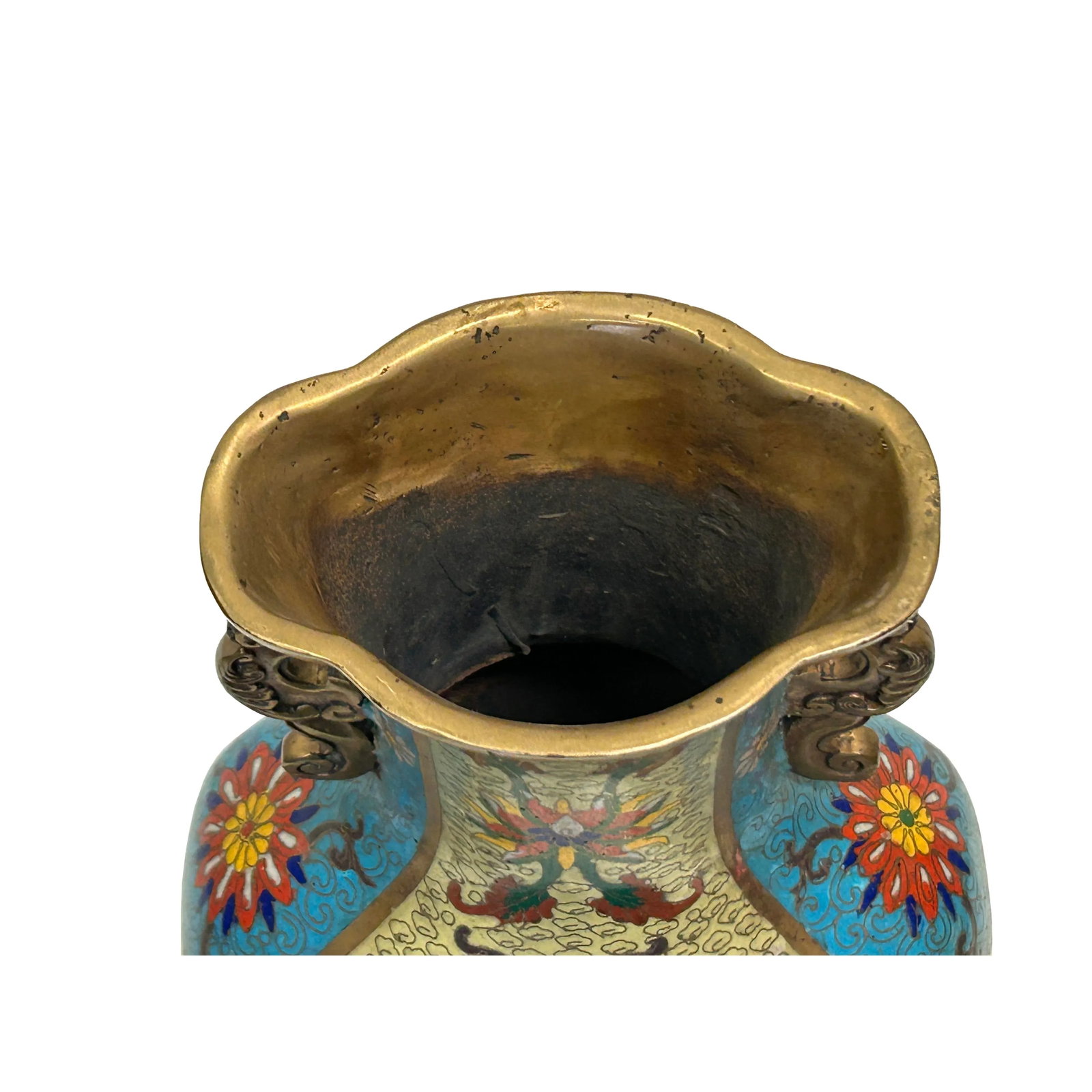 Vintage Cloisonné Vase Dragon Handles and Chinese Floral Motifs - 11