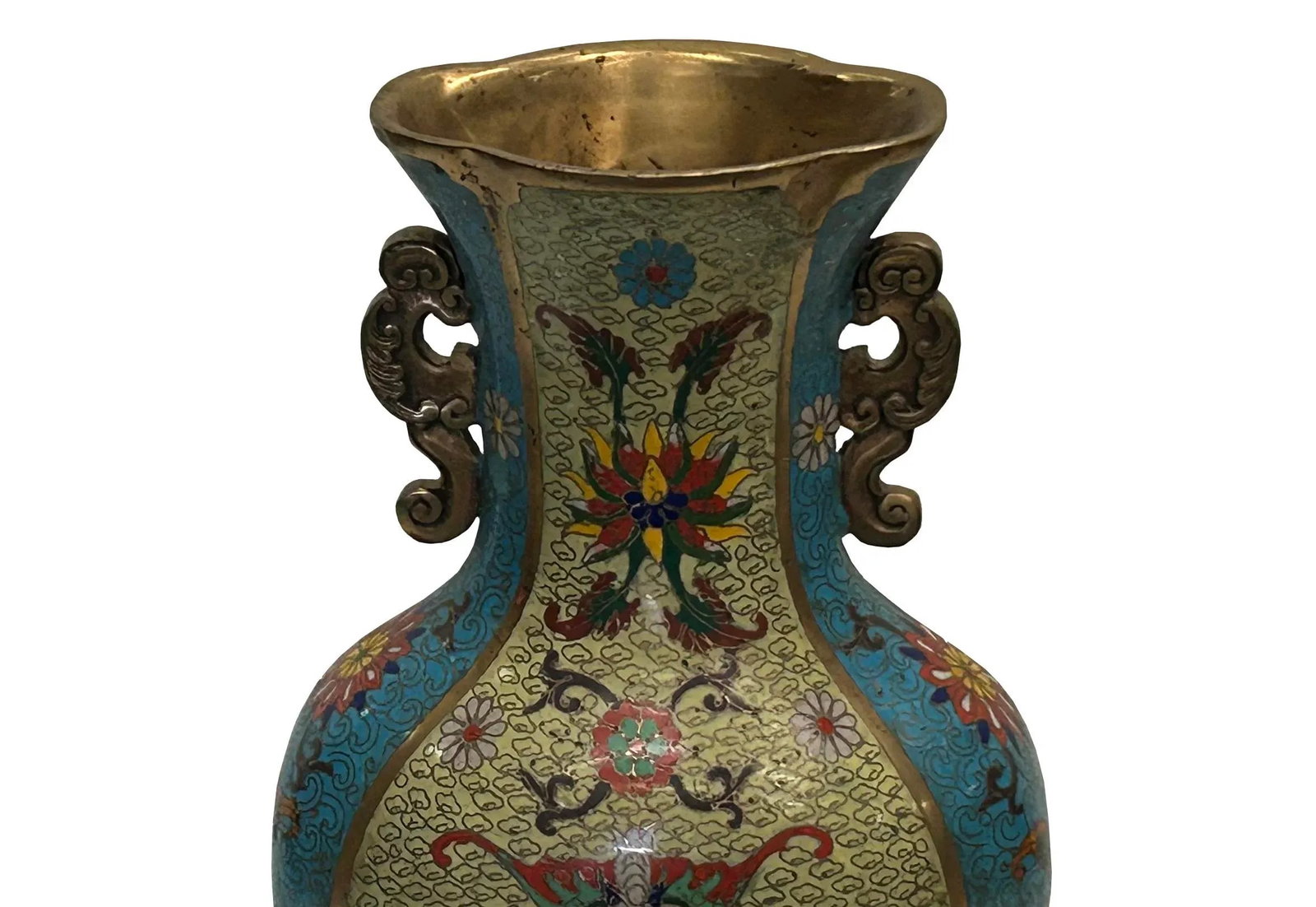 Vintage Cloisonné Vase Dragon Handles and Chinese Floral Motifs - 7