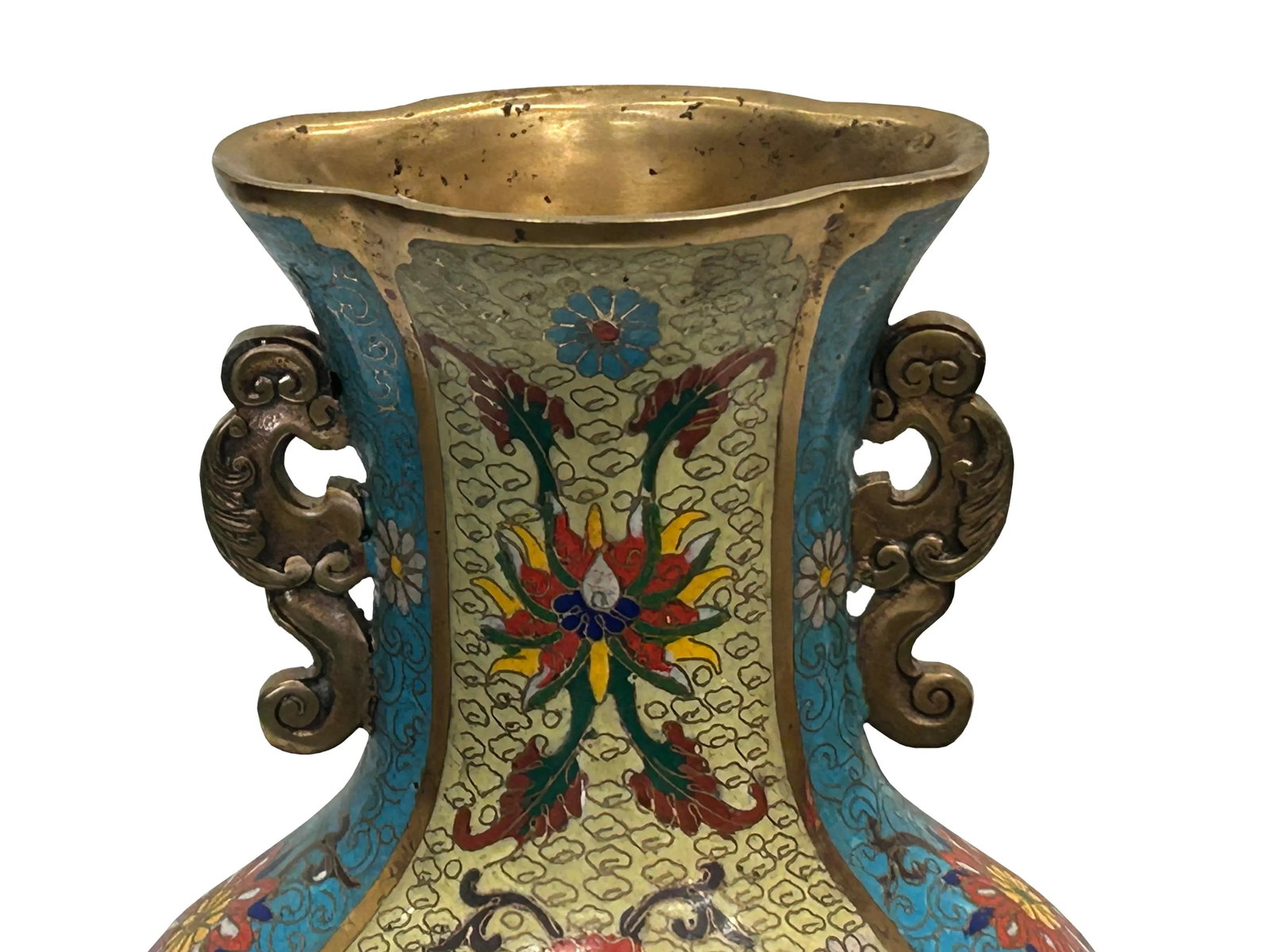 Vintage Cloisonné Vase Dragon Handles and Chinese Floral Motifs - 9