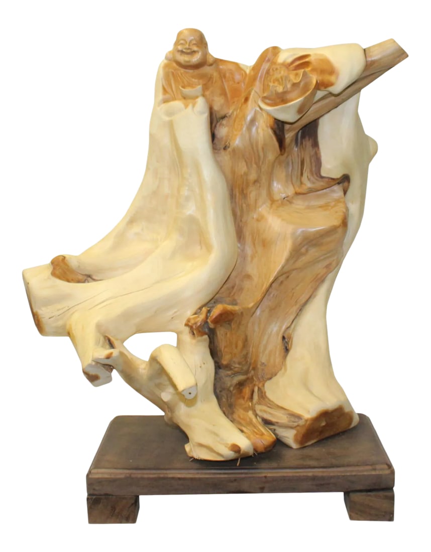 Chinese Cypress Wood Carved Irregular Shape Happy Buddha Statue: This is a handmade Chinese accent decorative statue of Happy Buddha from natural raw wood with an irregular shape. Dimensions: w16" x 10" x h19" Origin: China Material: Cypress wood Condition: