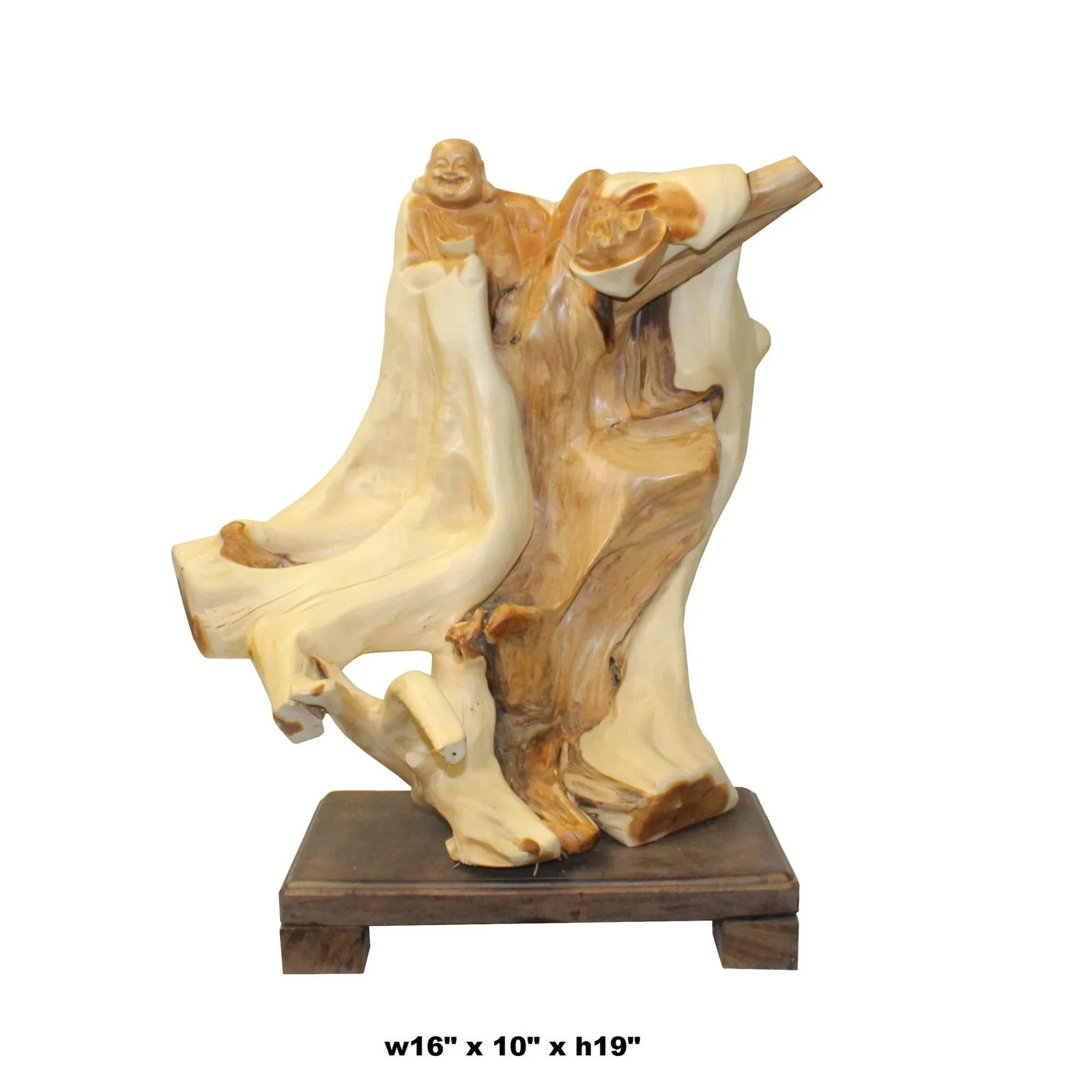 Chinese Cypress Wood Carved Irregular Shape Happy Buddha Statue - 7
