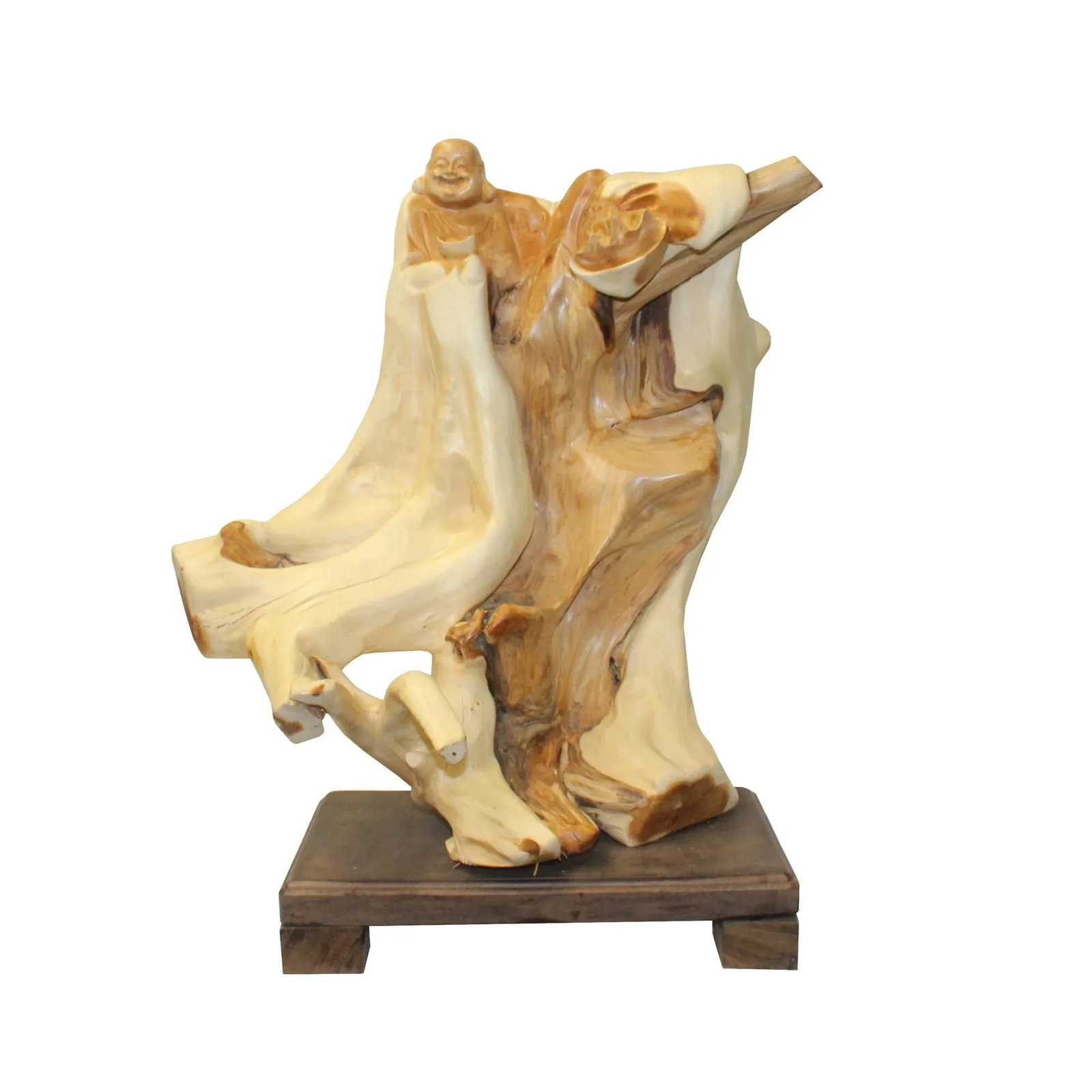 Chinese Cypress Wood Carved Irregular Shape Happy Buddha Statue - 8