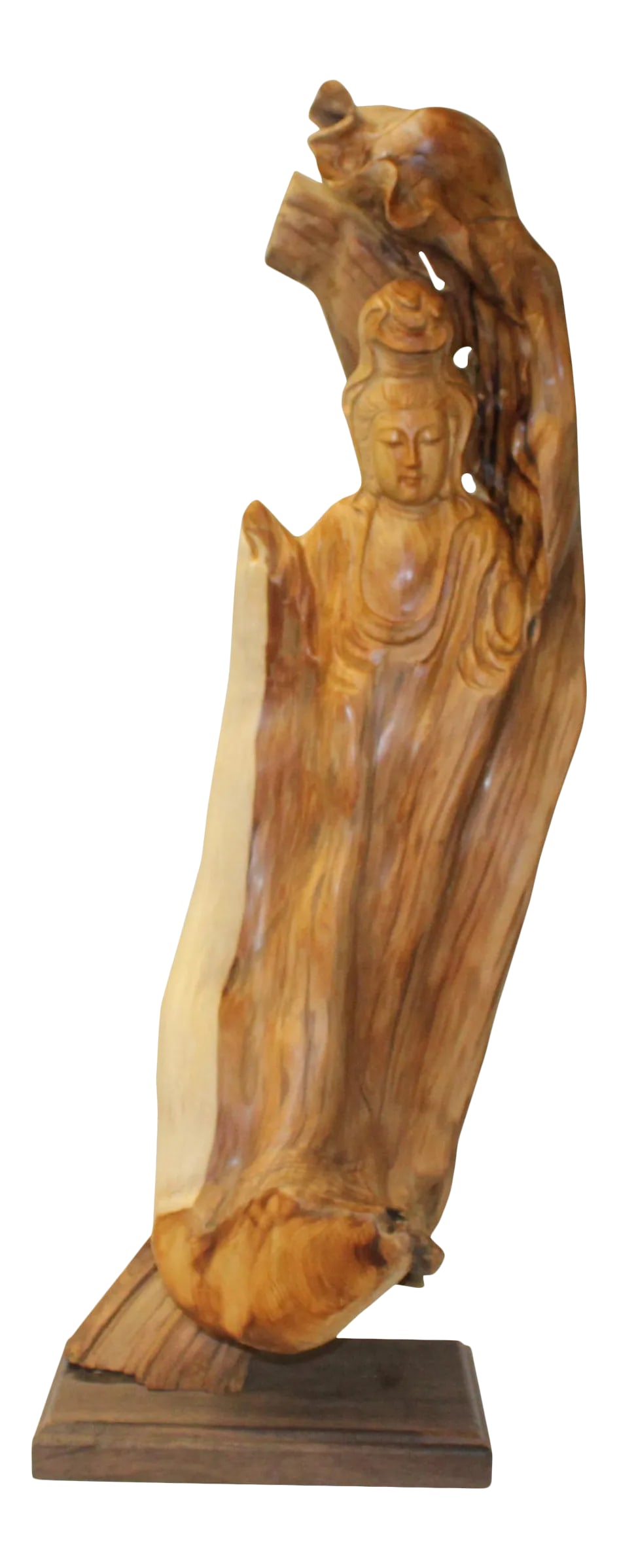 Chinese Cypress Wood Carved Bodhisattva Kwan Yin Tara Statue: This is a handmade Chinese accent decorative statue of Bodhisattva Kwan Yin Tara from natural raw wood with an irregular shape. Dimensions: w10"x d5"x h22.75" Origin: China Material: Cypress wood
