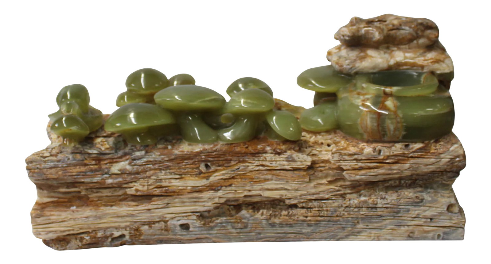 Natural Stone Carved Snail Mushroom on Wood Fengshui Display Figure: This is an accent decorative stone figure of greenish stone mushroom and snail on the wood log look. Dimensions: 15.5"x 5"x h7.75" Origin: China Material: Stone Condition: natural stone marks