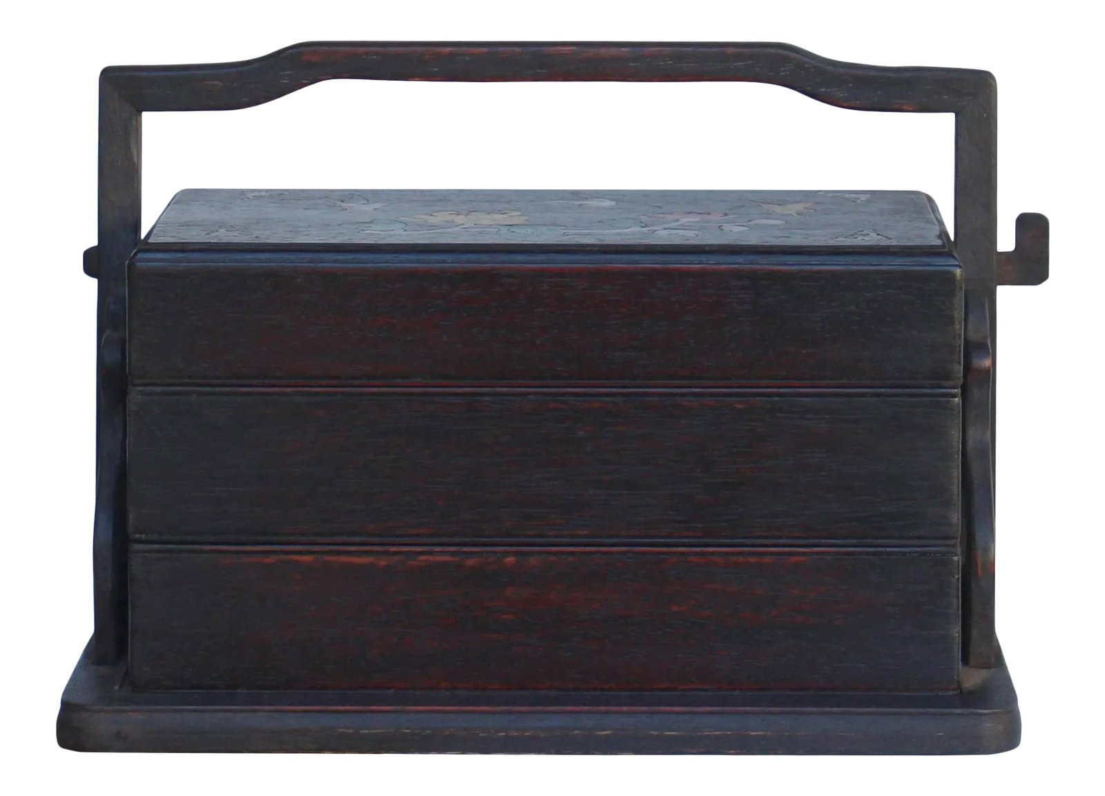 Traditional Chinese Multi Tray Wood Basket Box: This is an oriental traditional wedding carry box container with a nice natural wood pattern and patina. The top has a mother of pearl inlay of flower and birds motif. It was used to store