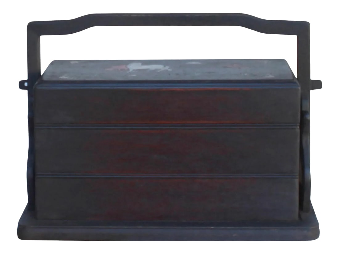 Traditional Chinese Multi Tray Wood Basket Box: This is an oriental traditional wedding carry box container with a nice natural wood pattern and patina. The top has a mother of pearl inlay of horses motif. It was used to store accessories. It can