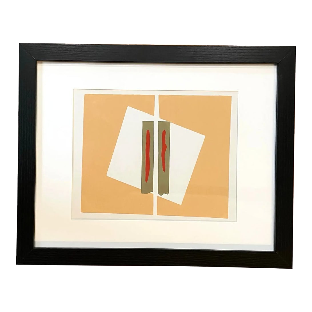 Barbara Beck 1969 Framed & Matted Woodblock Print, Limited Edition of 20 - Original Matt in Black Wo: Barbara Beck Painter Printmaker This bold woodcut print is a wonderful example of mid century modern print work. Beck's work is inspired by artist such as Helen Frankenthaler, Clifford Still, Yosef Al