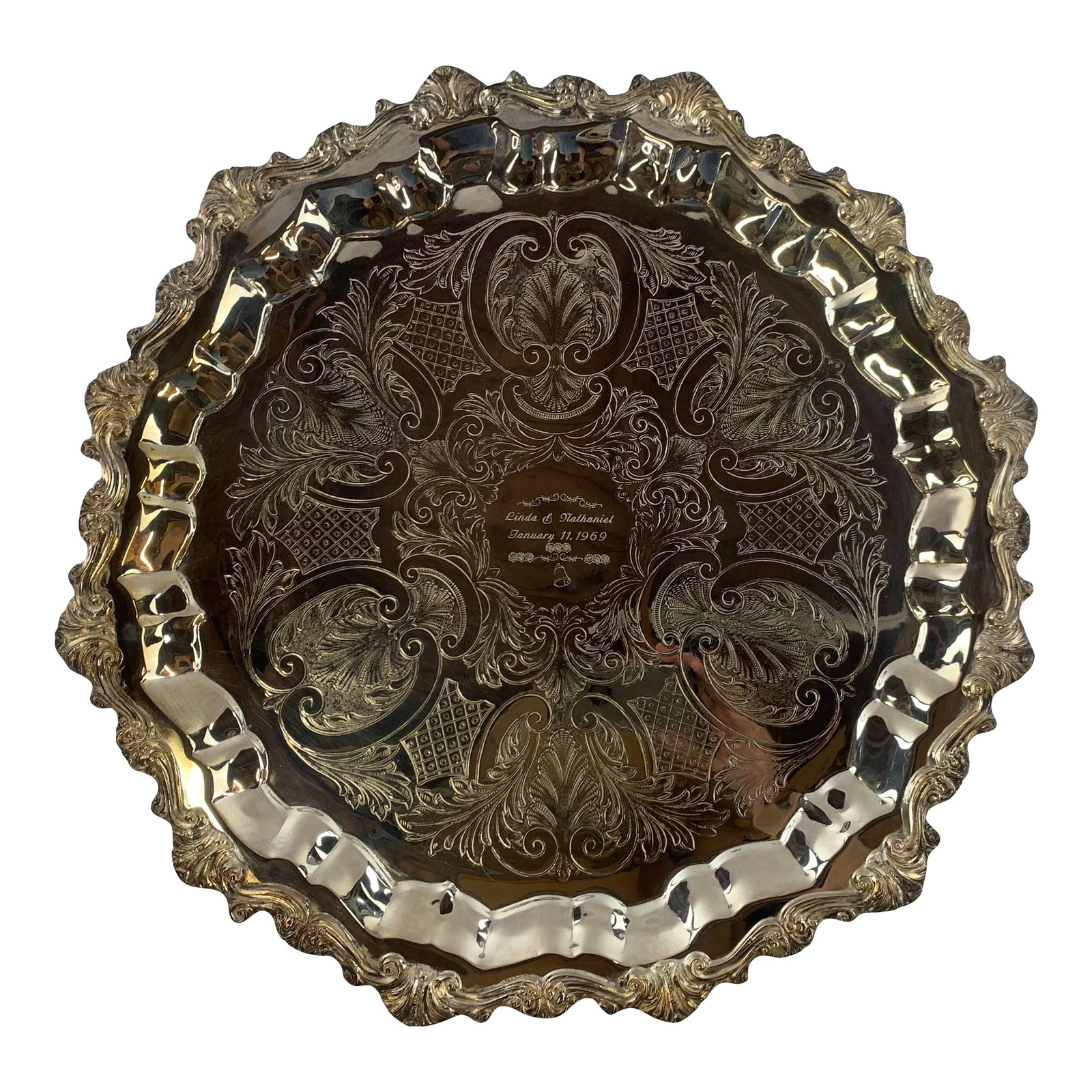 1960s Silver Plated Wedding Platter: Sheridan 1960s vintage silver plated large wedding platter purchased from Bullocks department store in the San Fernando Valley which is imprinted on the included silver felt bag Condition: Alterations