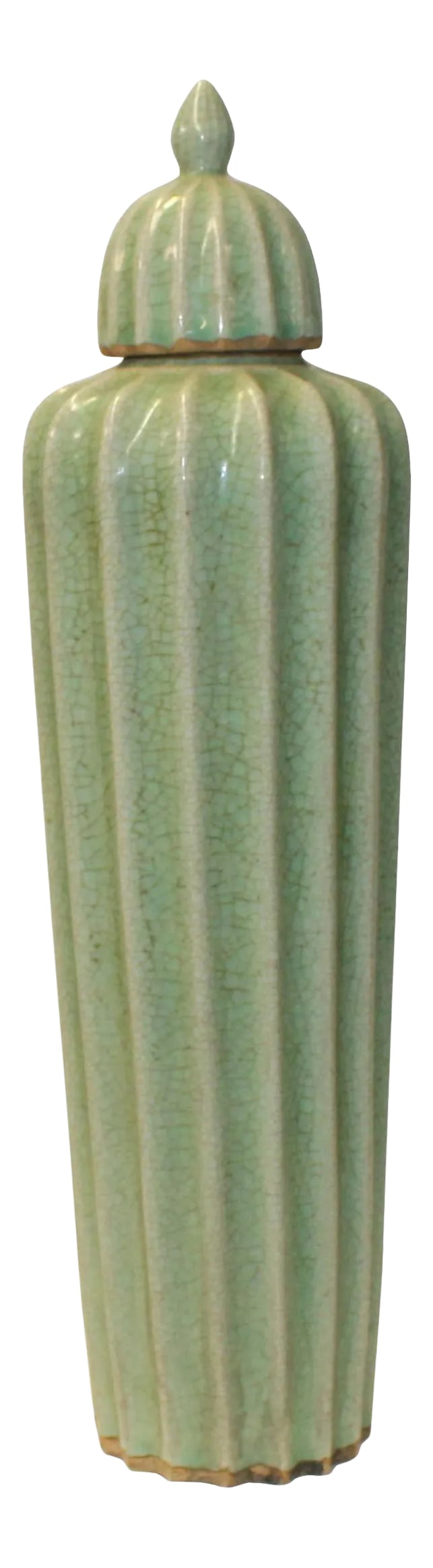 Chinese Ceramic Crackle Pattern Narrow Round Celadon Green Jar: This is a handmade ceramic pottery jar with a narrow round shape wave body design. The surface is glazed with celadon green color with a crackle pattern and distressed mark. Dimensions: Dia 5.5" x