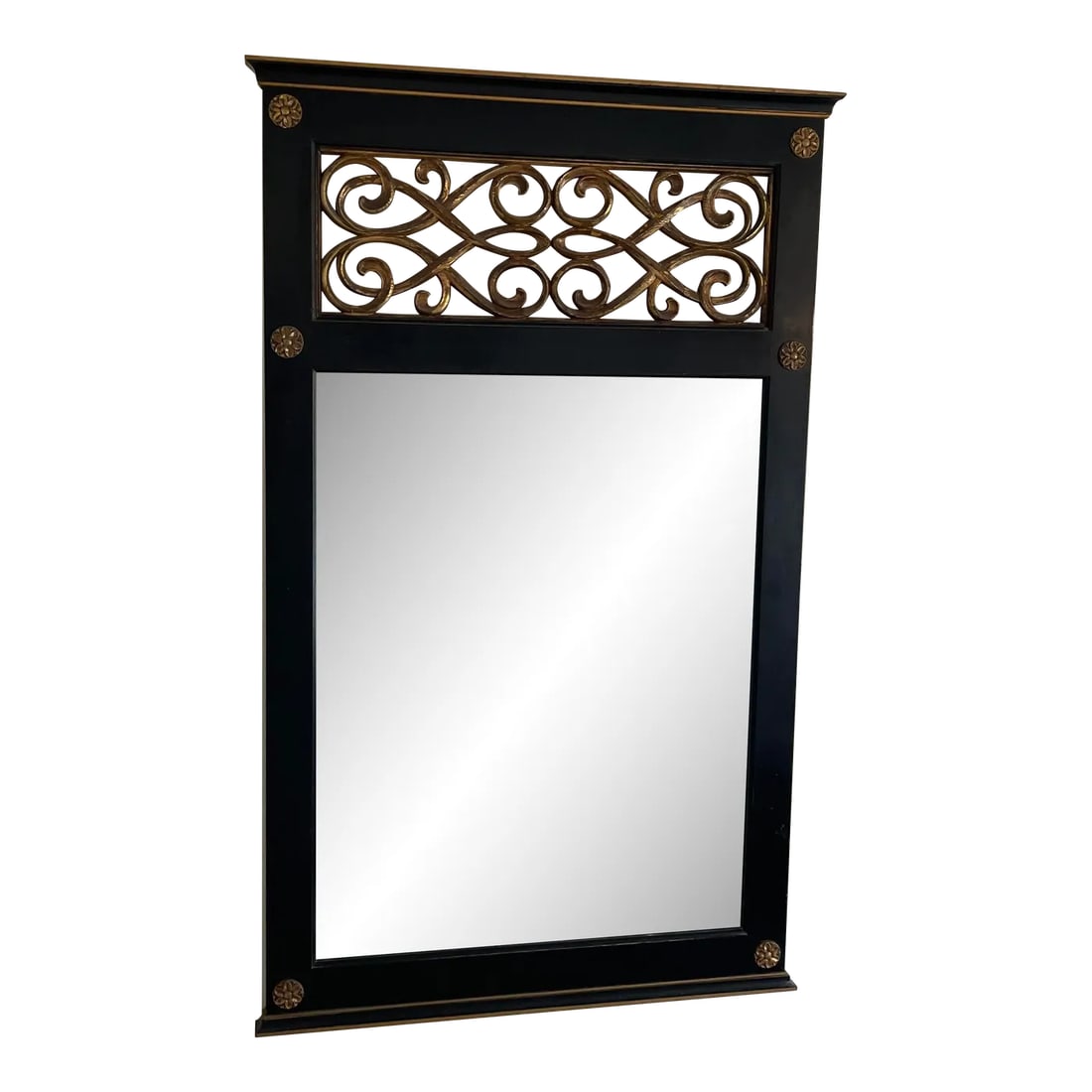 Vintage Black and Gold Hollywood Regency Mirror: Very cool Hollywood Regency style mirror. It's classic black with open gold colored scrollwork on the top. Manufactured in the 60's, yet classic and would make a great addition to your interior.