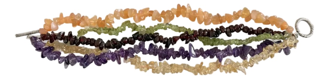 Vintage Multi-Strand Beaded Wrap Bracelet With Amethyst, Carnelian, Citrine, Peridot, and Garnet - S: Beautiful, vintage multi strand, multi gemstone beaded wrap bracelet with sterling silver clasp. Each strand is made from a single type of gemstone with each bead having a unique shape and hue. Collec