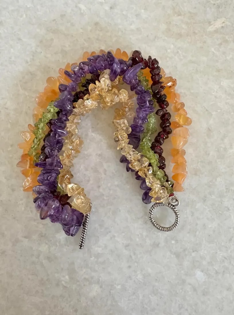Vintage Multi-Strand Beaded Wrap Bracelet With Amethyst, Carnelian, Citrine, Peridot, and Garnet - S - 6