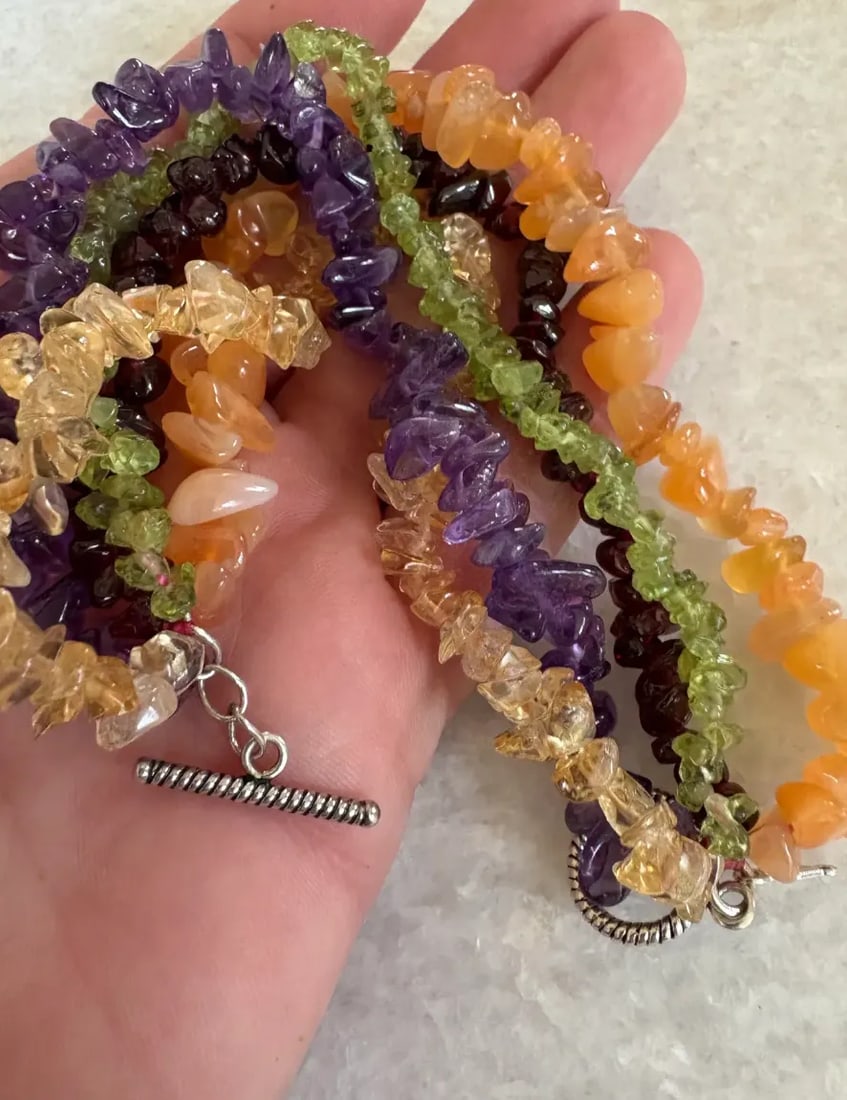 Vintage Multi-Strand Beaded Wrap Bracelet With Amethyst, Carnelian, Citrine, Peridot, and Garnet - S - 7