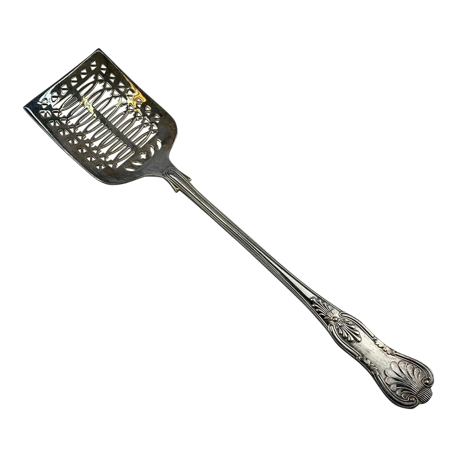 Mid 20th Century Silverplated Serving Spatula: silverplated long spatula with detailed designs Condition: Alterations: Original Condition Unaltered Imperfections: Some Imperfections Condition Notes: good Origin: United States Materials &
