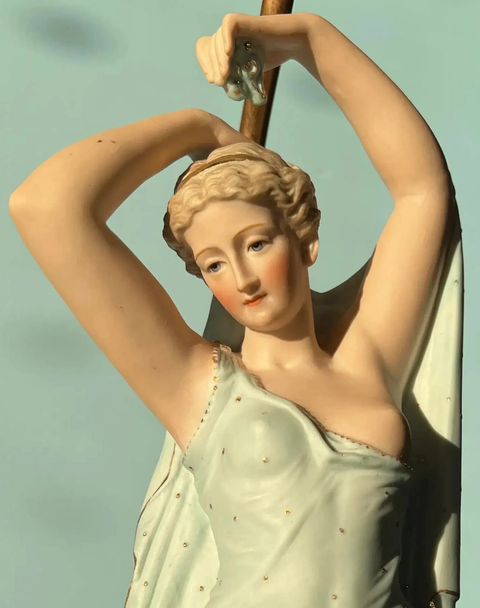 Antique Dresden Style Figural Bisque Goddess Venus With Her Son Cupid Table Lamp - 3