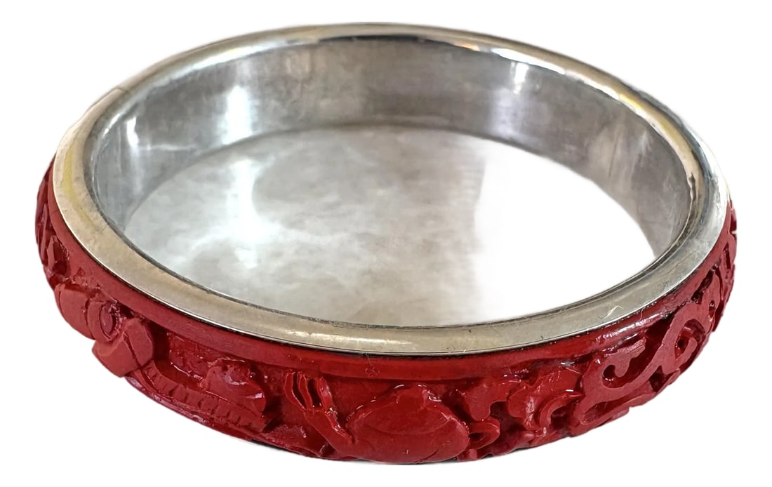 Antique, Cinnabar and Sterling Silver Bangle Bracelet (1 of 6)