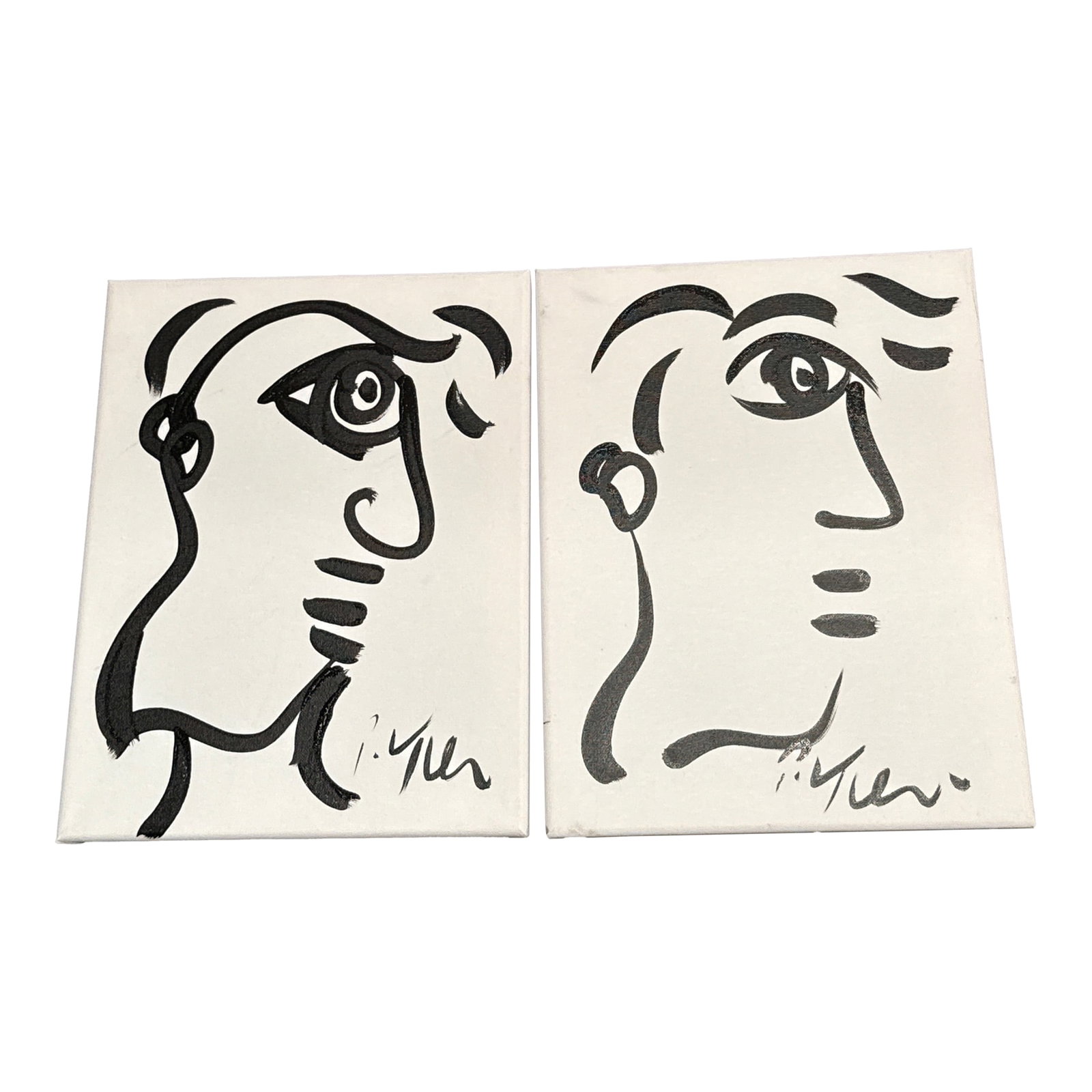 1970s Black and White Cubist Portrait Paintings by Peter Keil - Set of 2: Great pair of original paintings by Peter Keil. Painted on canvas depicting geometric portraits. Ready to frame or hang. Guaranteed authentic coa on back. Condition: Alterations: Original Condition