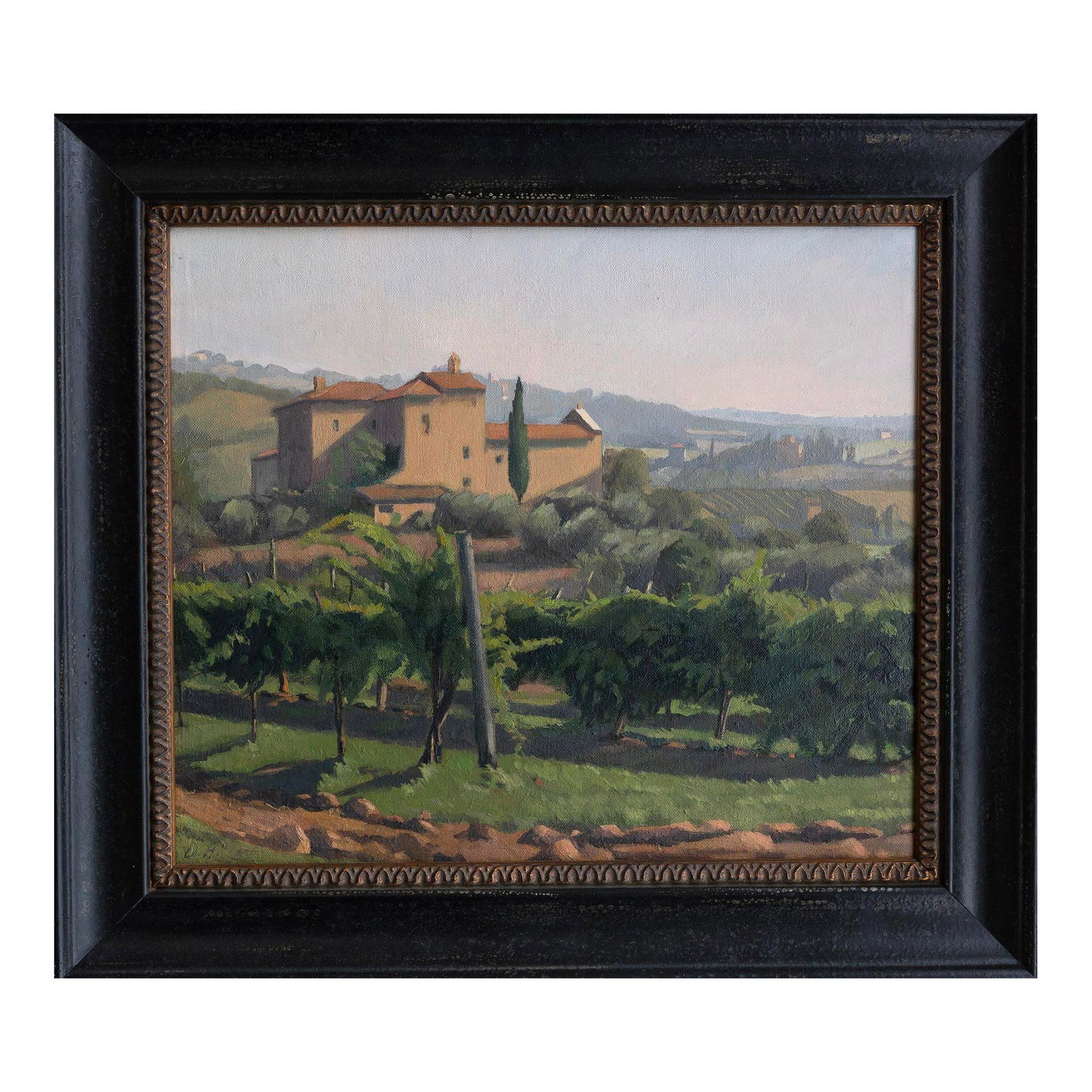 Diana Horowitz (American, B. 1958), Oil on Canvas "View of Tuscan Hills", 1985: View of Tuscan Hills framed oil on canvas painting by Diana Horowitz (American, b. 1958). Dated 1985, from the artist's travels in Italy. Signed D.H. on the lower left of the canvas, and signed and da
