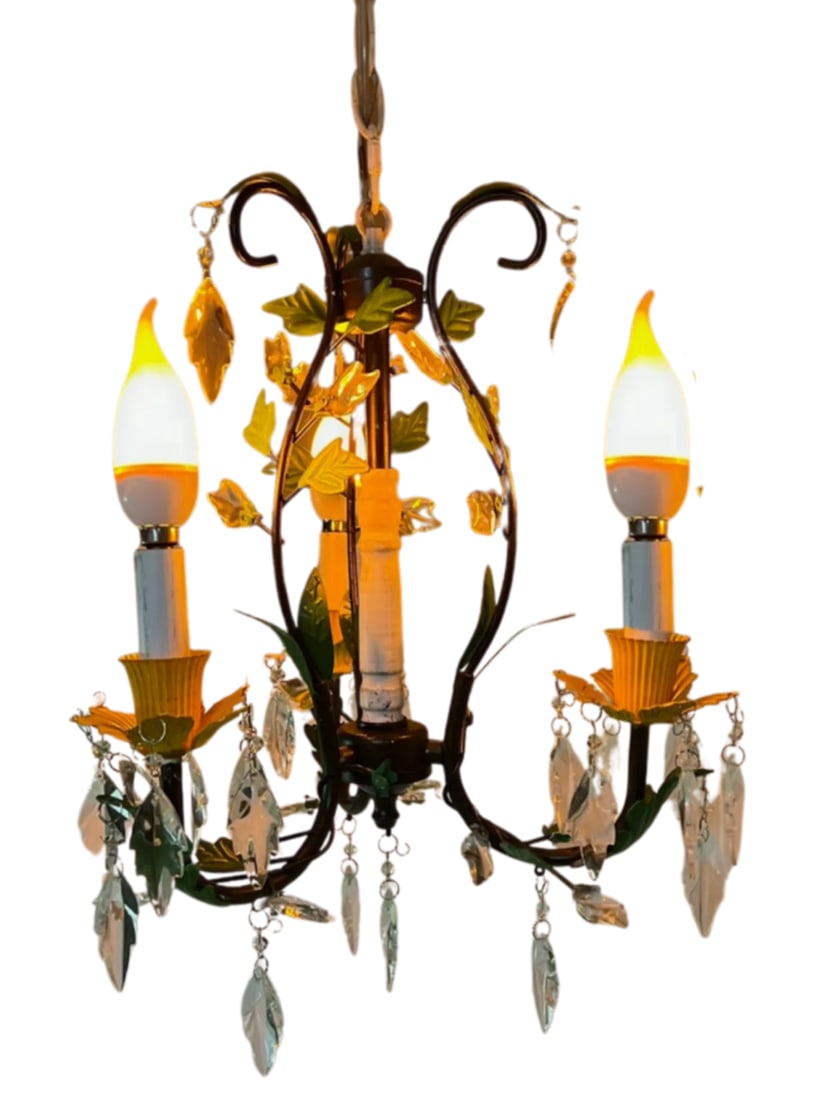 Tole Floral and Crystal 3 Light Chandelier - 2