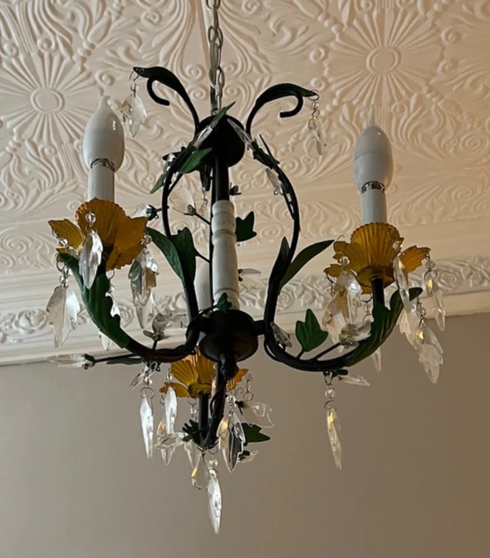 Tole Floral and Crystal 3 Light Chandelier - 4