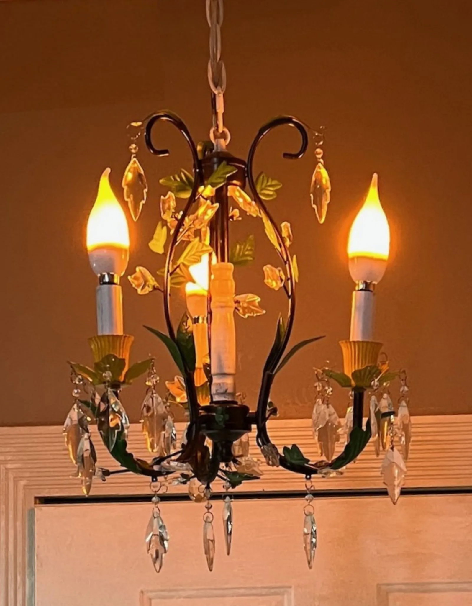 Tole Floral and Crystal 3 Light Chandelier - 6