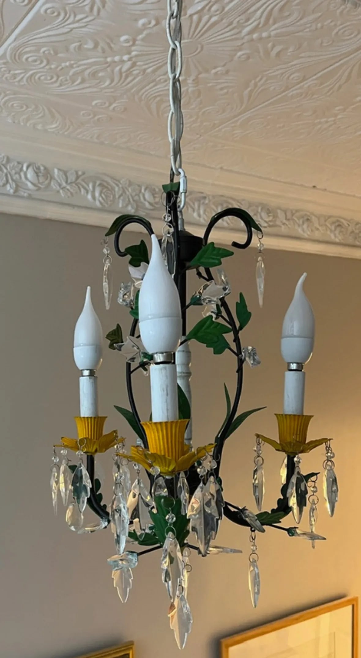 Tole Floral and Crystal 3 Light Chandelier - 7