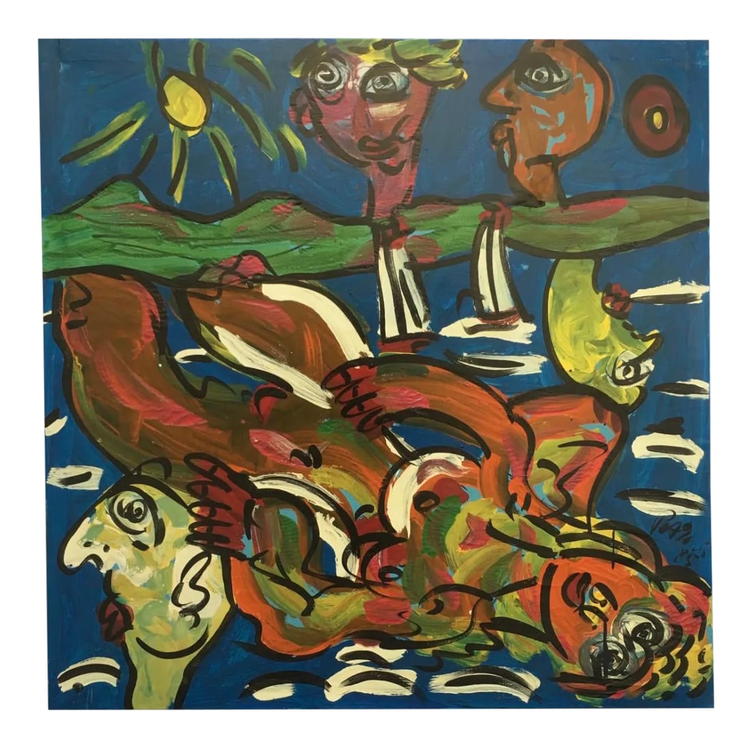 Abstract Acrylic Painting by Peter Keil, 1985: Peter Keil is a German artist that focuses primarily on abstract expressionism. Keil painted with some of the greats including Joan Miró, Pablo Picasso and Andy Warhol, to name a few. This is an 