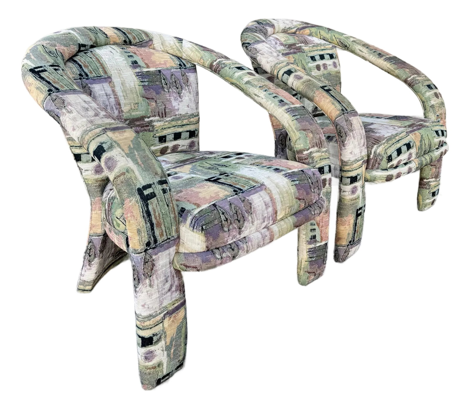 Postmodern Sculptural Abstract Fabric Lounge Chairs by Carson's - A Pair: A bold pair of Postmodern lounge chairs by Carson's, featuring sculptural arched frames and eye-catching abstract upholstery in soft pastel tones. The geometric pattern and curved silhouette capture