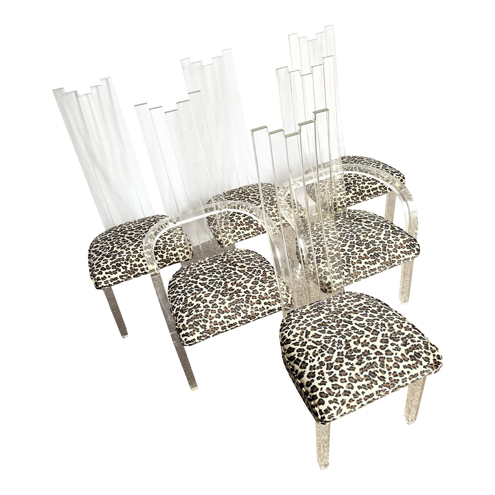 Art Deco Lucite Leopard Print Dining Chairs - Set of 6: A bold fusion of glamour and modernism, this stunning set of six Art Deco–style dining chairs features sculptural Lucite frames with striking vertical backrests and graceful curved arms. The leo