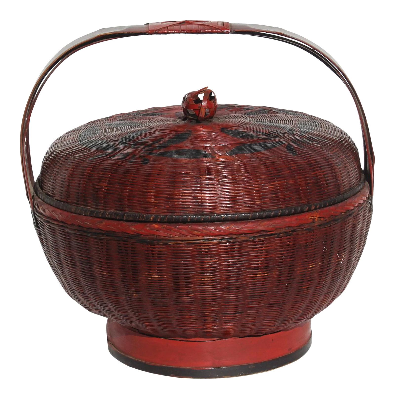 Oriental Handmade Reddish Brown Rattan Basket With Handle: This is a traditional oriental rattan basket with an ancient style motif pattern on the surface. It has a handle and nice reddish brown color with wear-out patina. Dimensions: Body Dia 13" x h12" (