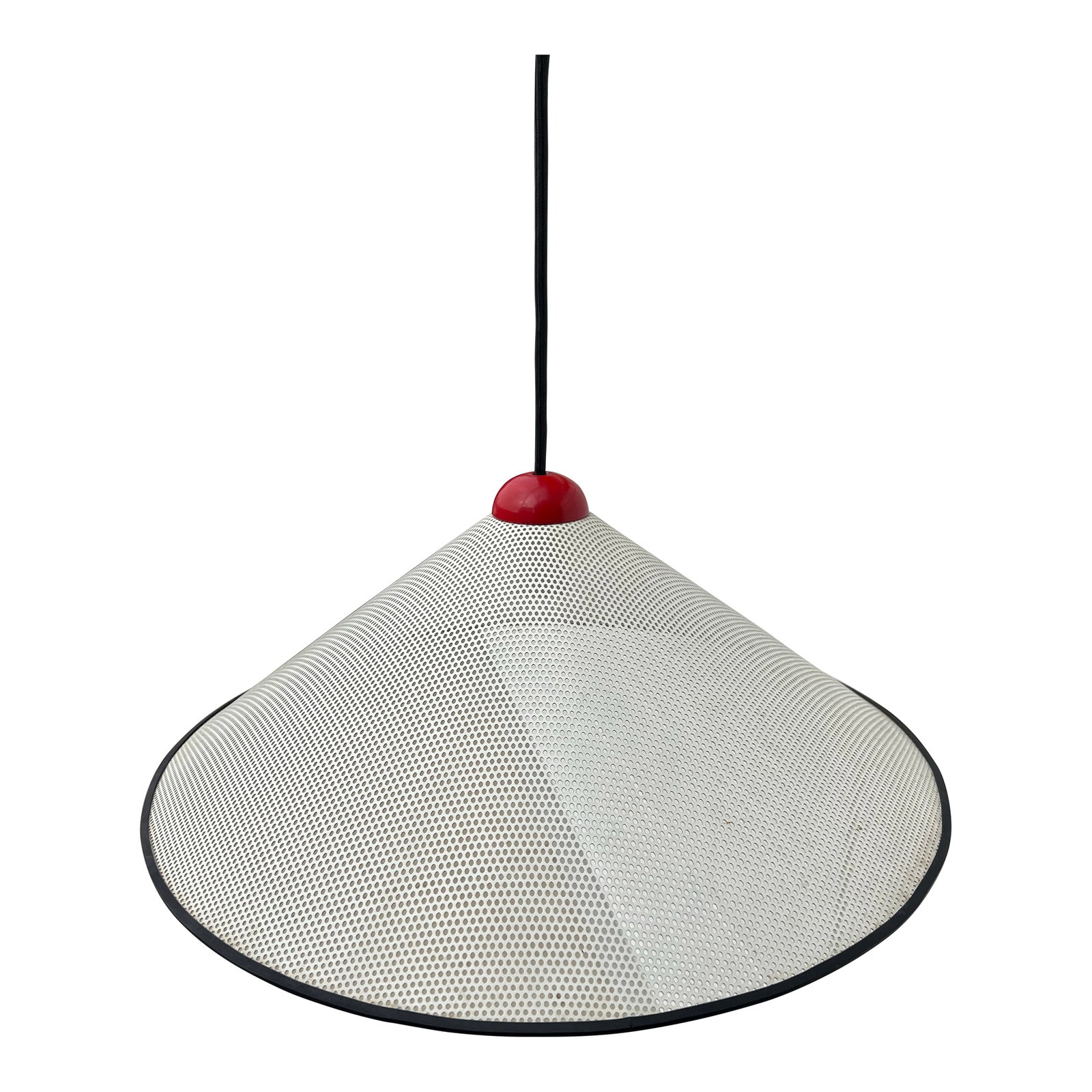 Postmodern Perforated Pendant Light in the Style of Ron Rezek or Mathieu Matégot: Wonderful and sculptural postmodern pendant light with a striking perforated conical shade, designed in the Memphis or postmodern style. This unique hanging fixture beautifully recalls the work of