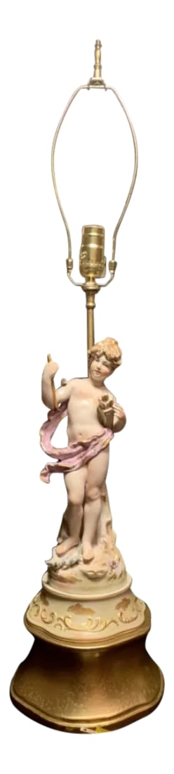 Mid-Century Porcelain Cupid Figural Table Lamp, Lenwile China Ardalt Japan: Mid-Century Lenwile China Ardalt Japan Figural Lamp of Cupid Ardalt Hand Painted Lenwile China, Japan. A beautiful detailed handcrafted porcelain statue of a young child draped in a pink and gold fabr